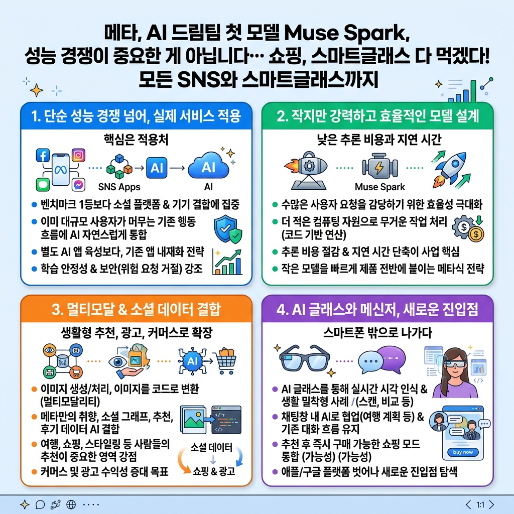 메타, AI 드림팀 첫 모델 Muse Spark, 성능 경쟁이 중요한 게 아닙니다…. 쇼핑, 스마트글래스 다 먹겠다! 모든 SNS와 스마트글래스까지 내용을 설명하는 본문 이미지