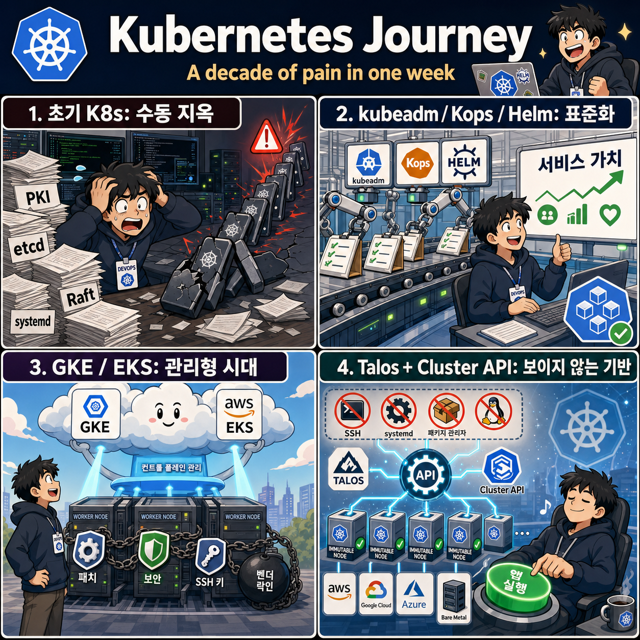 My Journey into Kubernetes - Over a decade of pain in one week 내용을 설명하는 본문 이미지