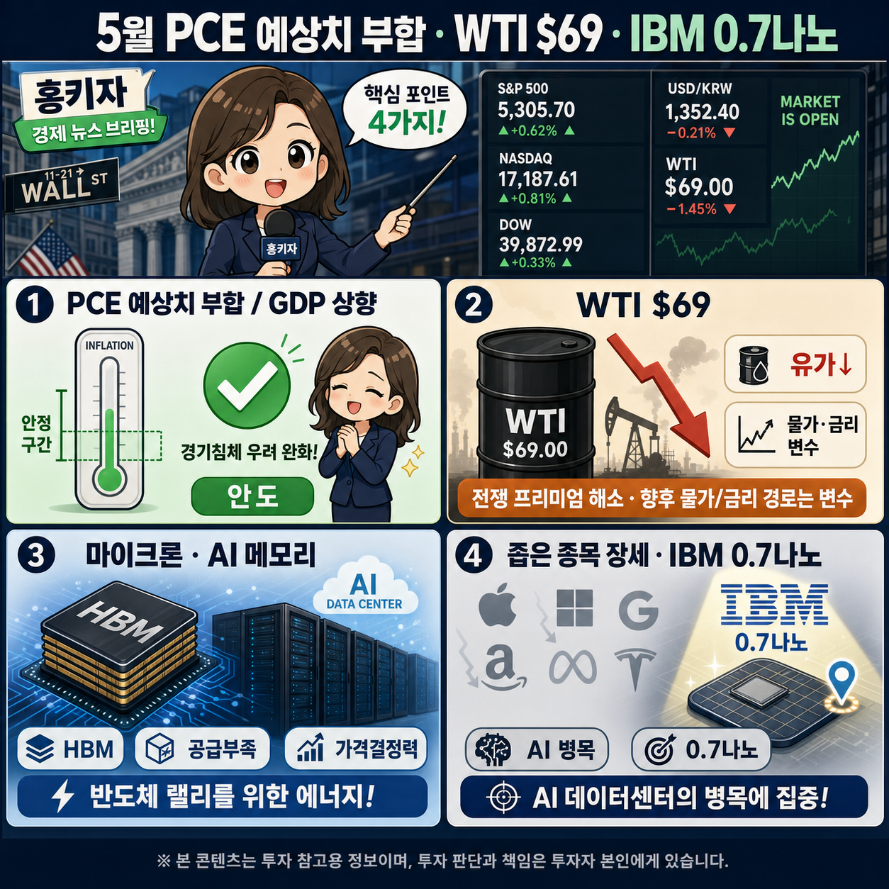 5월 PCE 예상치 부합ㅣWTI유 $69까지 하락, 2월 가격으로 복귀ㅣIBM, 0.7나노 초정밀공정 기술 공개ㅣ홍키자의 매일뉴욕 내용을 설명하는 본문 이미지