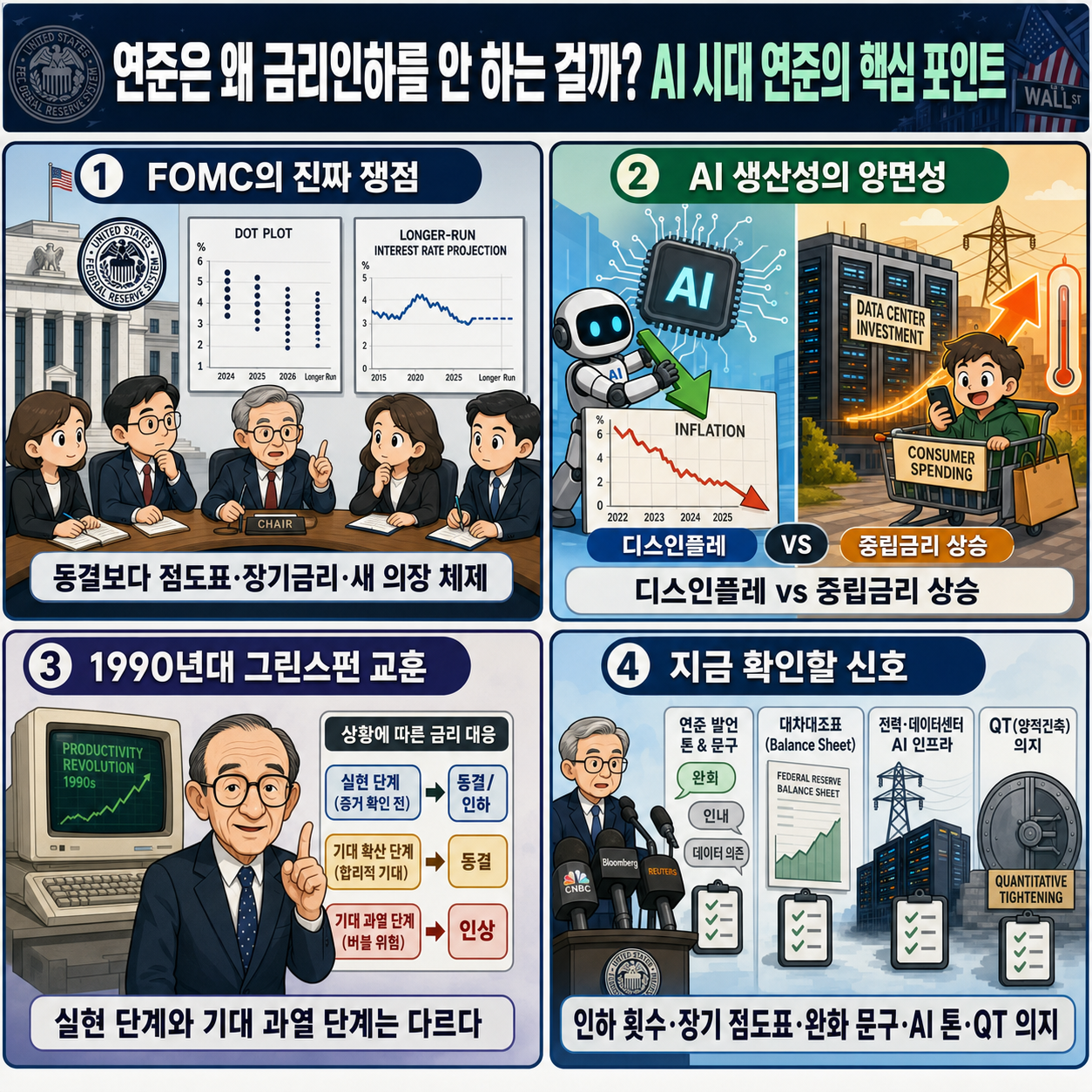 [월가아재] 연준은 왜 금리인하를 안 하는 걸까? AI 시대 연준의 핵심 포인트 내용을 설명하는 본문 이미지