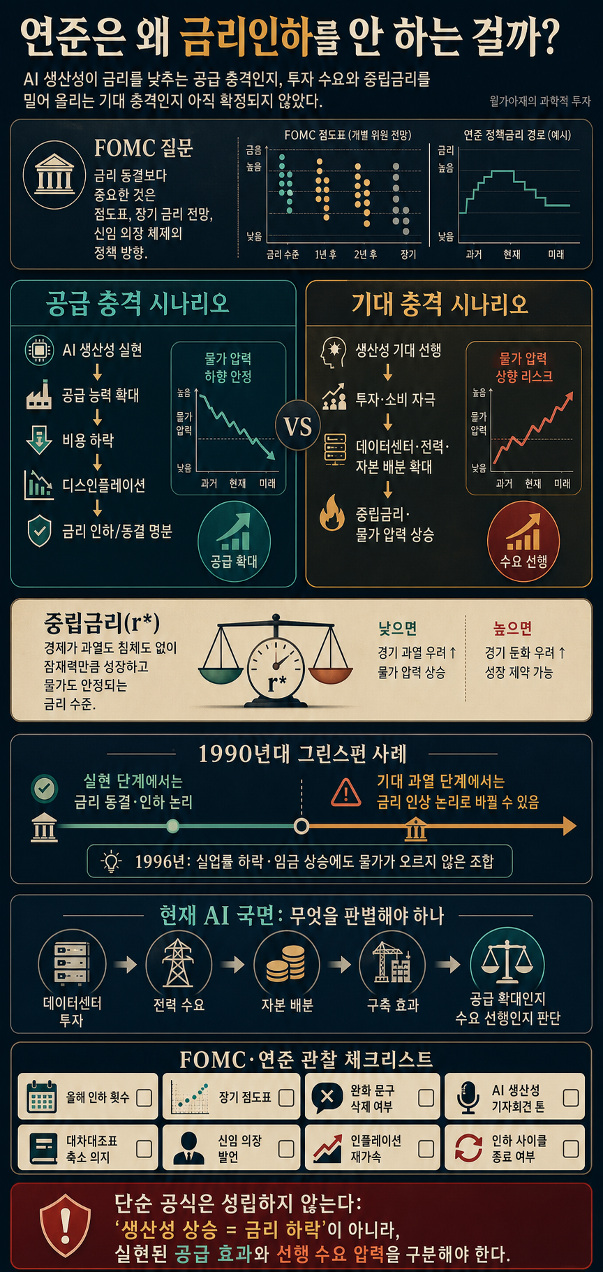 [월가아재] 연준은 왜 금리인하를 안 하는 걸까? AI 시대 연준의 핵심 포인트 내용을 설명하는 본문 이미지