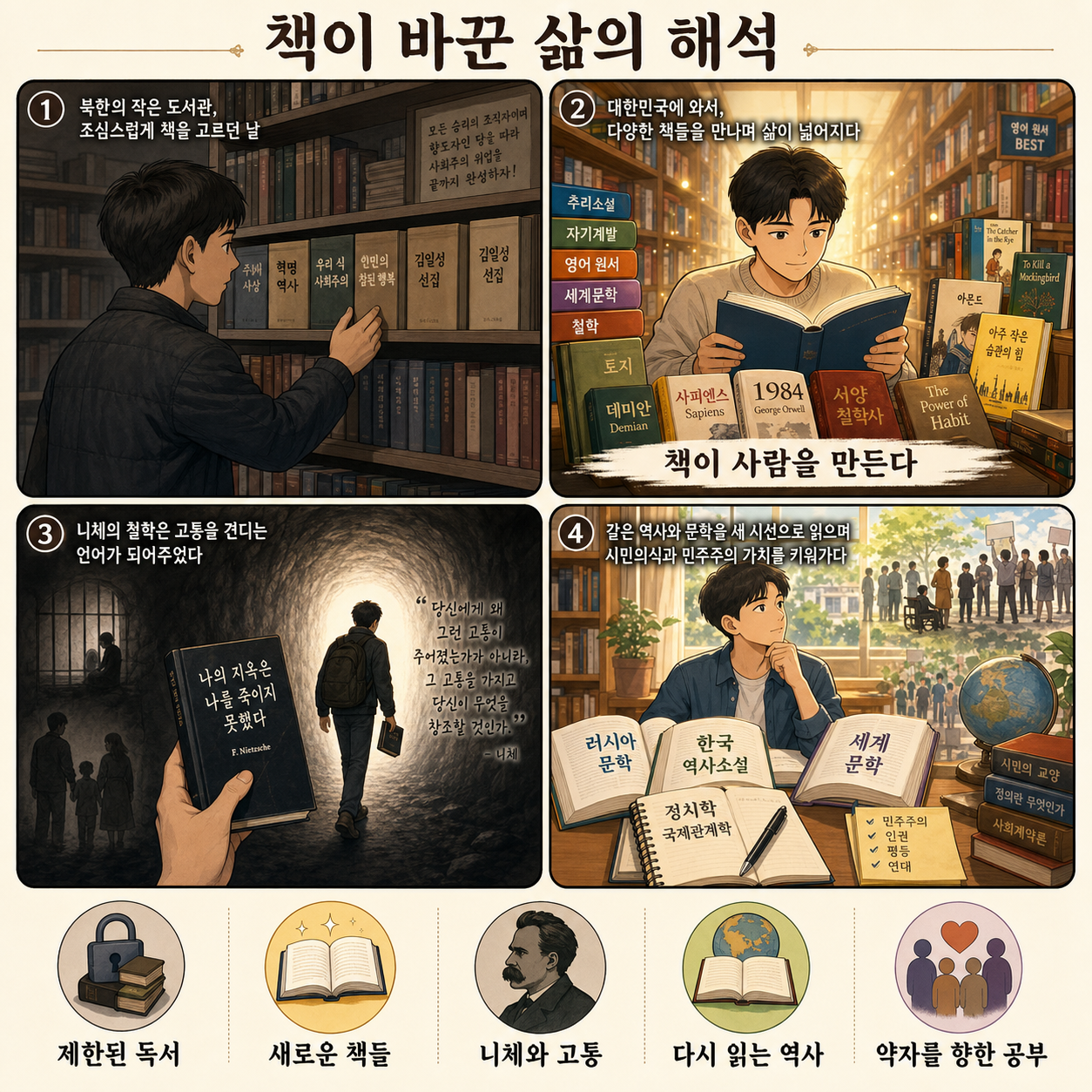 북한에서 소문으로만 듣던 한국책 읽은 탈북자 반응ㅣEp. 사람산책 13 (김강우 작가) 내용을 설명하는 본문 이미지