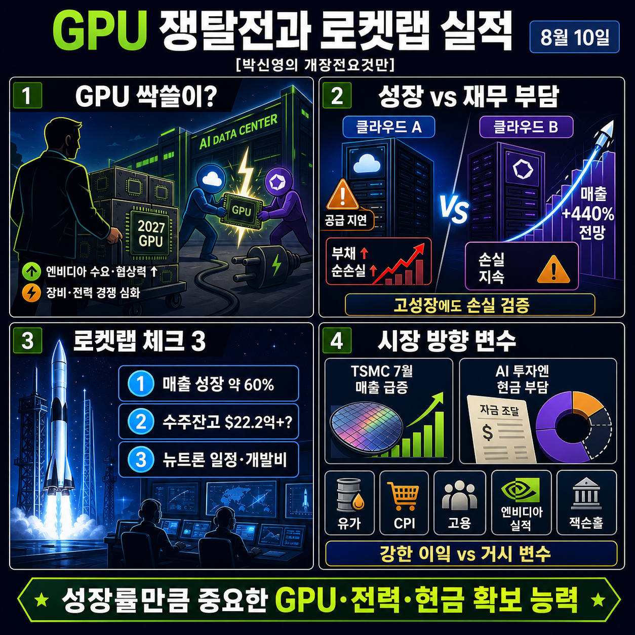 [박신영의 개장전요것만-8월10일] 머스크가 GPU 싹쓸이 하나..코어위브·네비우스 긴장 내용을 설명하는 본문 이미지