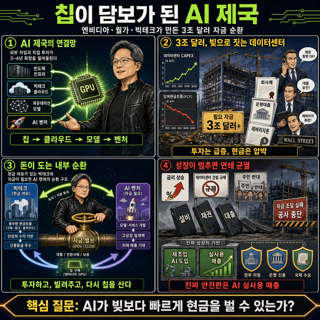 [이슈 리프레임] "칩으로 담보대출ㄱㄱ" 젠슨 황, 월가까지 끌어들였다...엔비디아 AI 대제국의 비밀 / 교양이를 부탁해 내용을 설명하는 본문 이미지