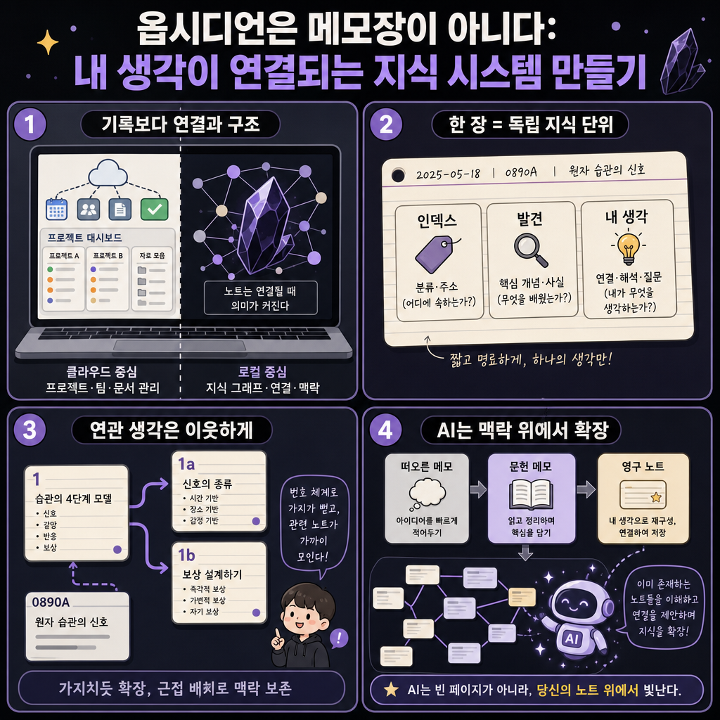 옵시디언은 메모장이 아니다: 내 생각이 연결되는 지식 시스템 만들기 내용을 설명하는 본문 이미지