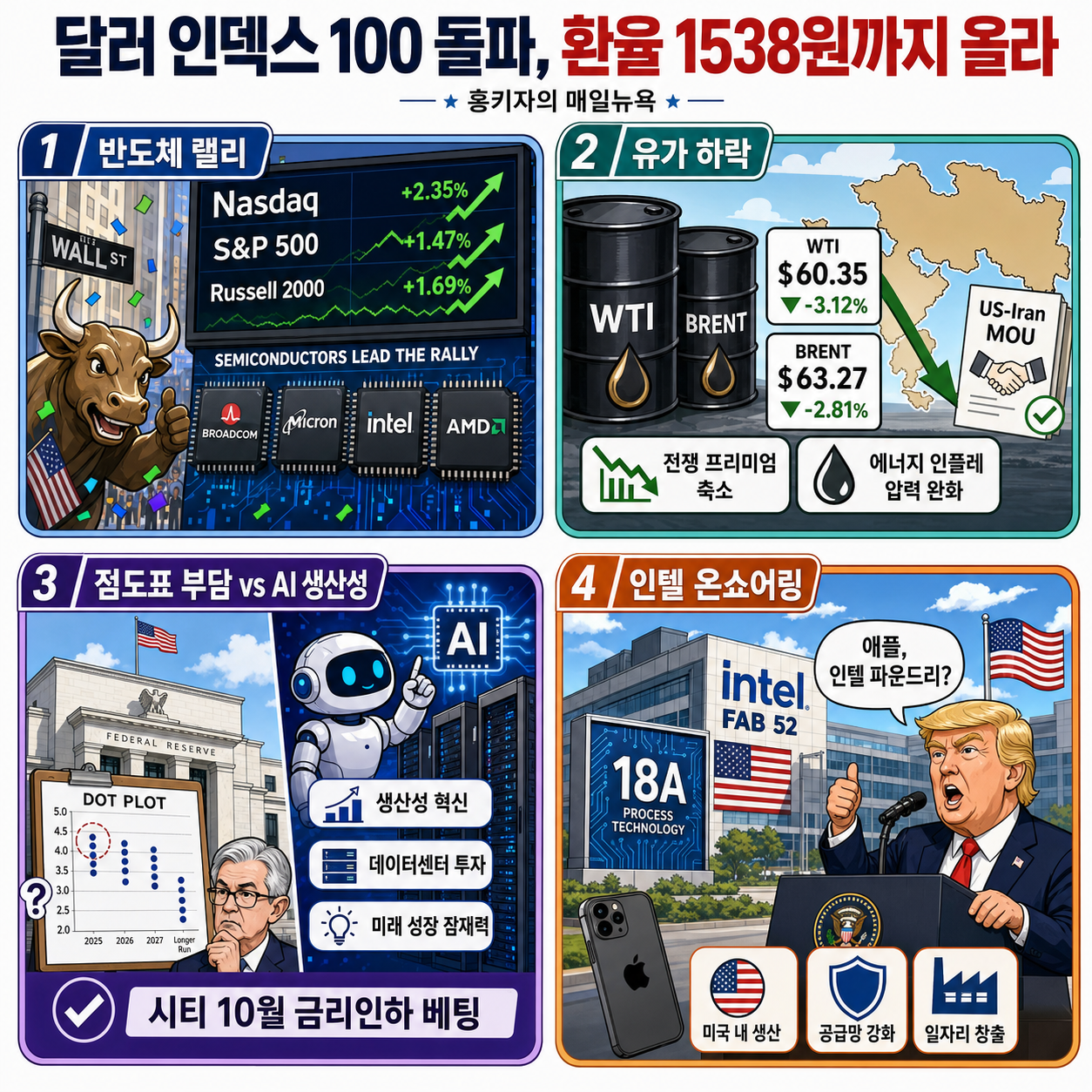 달러 인덱스 100 돌파, 환율 1538원까지 올라ㅣ시티, 여전히 금리인하(올해 10월) 베팅ㅣ트럼프 "애플, 인텔 파운드리 쓸 것"ㅣ홍키자의 매일뉴욕 내용을 설명하는 본문 이미지