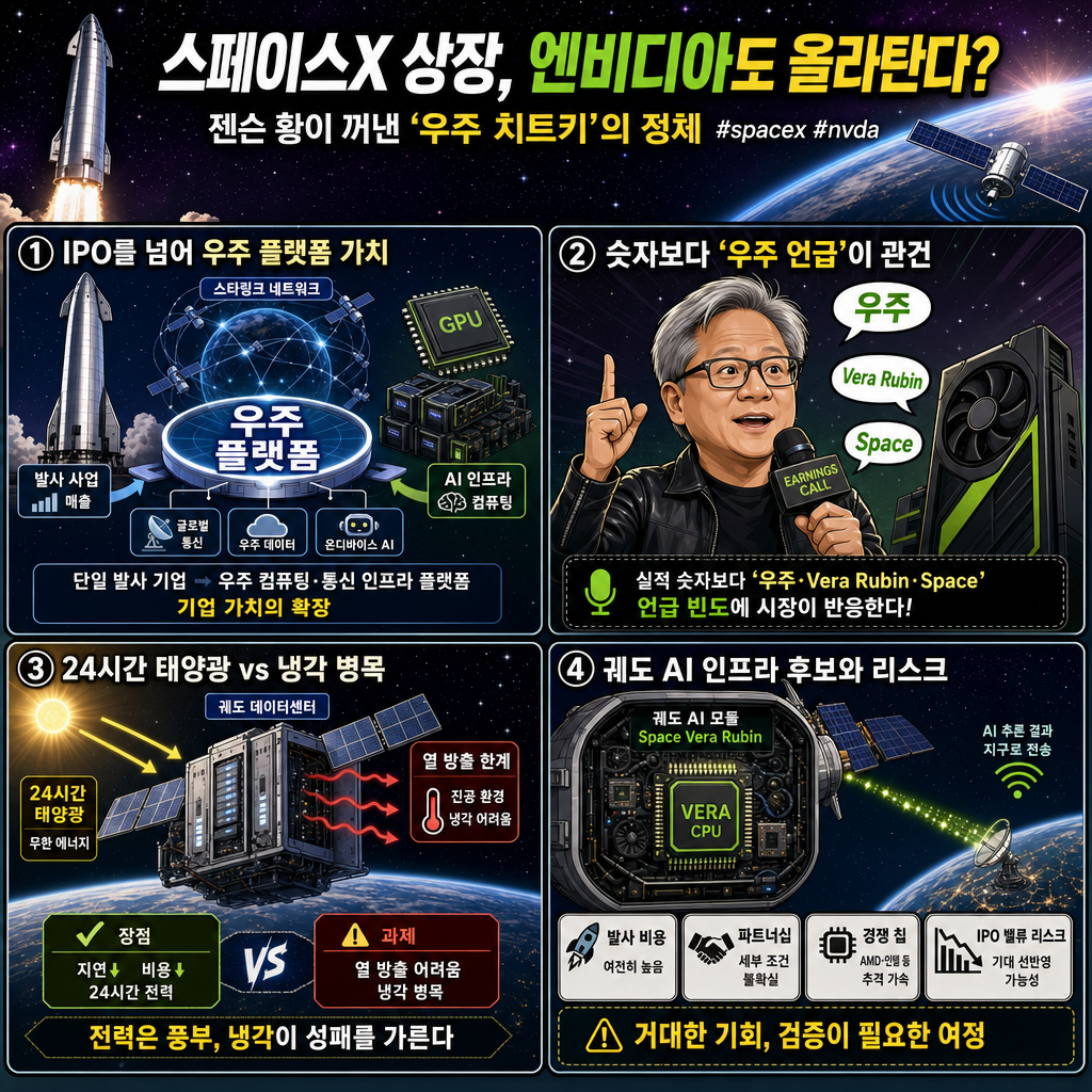스페이스X 상장, 엔비디아도 올라탄다?" 젠슨 황이 꺼낸 ''우주 치트키''의 정체 #spacex #nvda 내용을 설명하는 본문 이미지