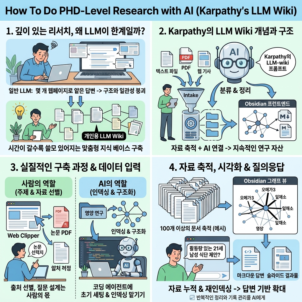 How To Do PHD-Level Research with AI (Karpathy''s LLM Wiki) 내용을 설명하는 본문 이미지