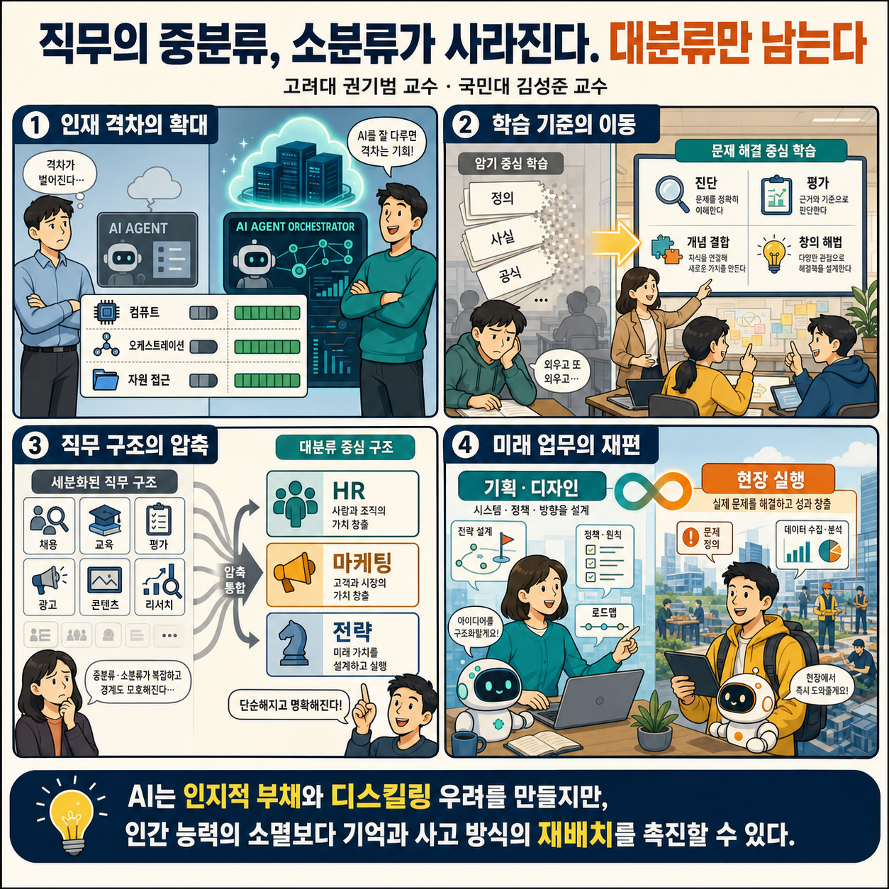직무의 중분류, 소분류가 사라진다. 대분류만 남는다 (고려대 권기범 교수, 국민대 김성준 교수) 내용을 설명하는 본문 이미지