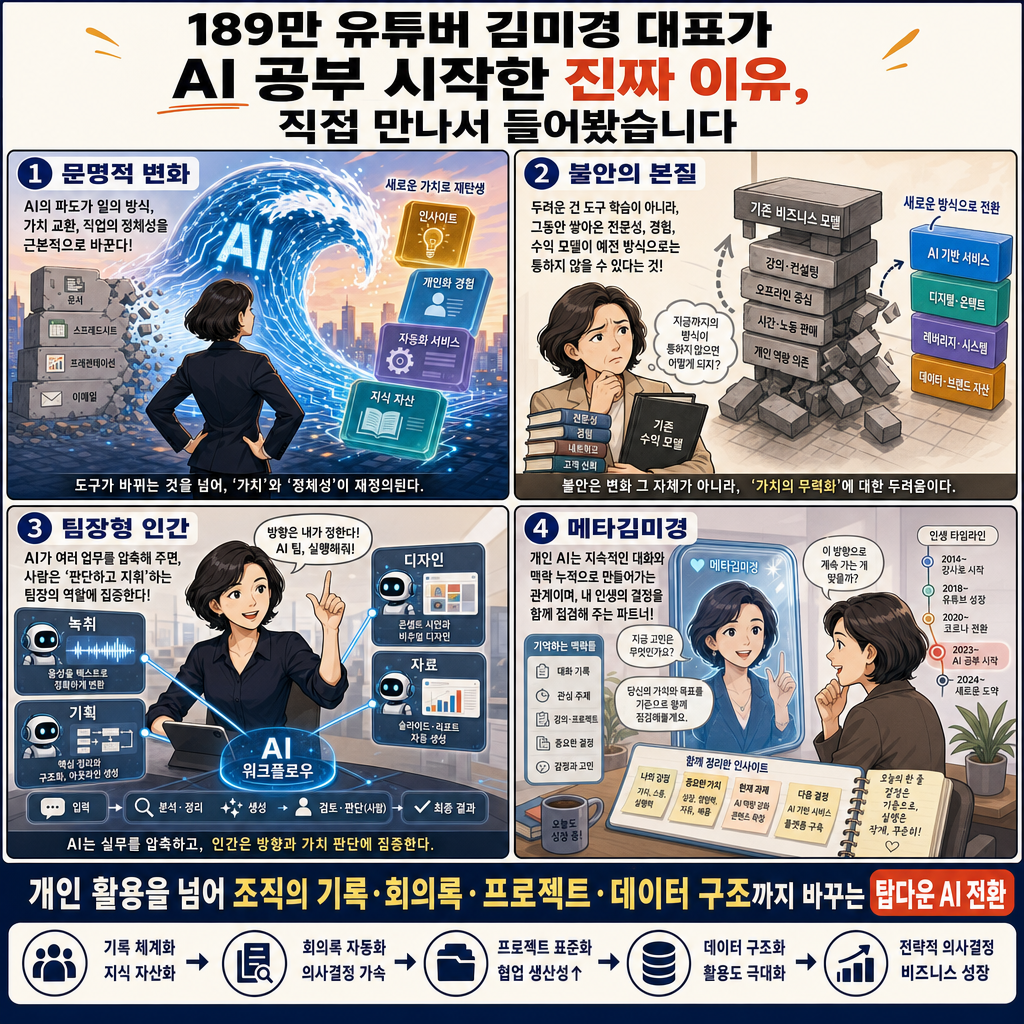 189만 유튜버 김미경 대표가 AI 공부 시작한 진짜 이유, 직접 만나서 들어봤습니다 내용을 설명하는 본문 이미지