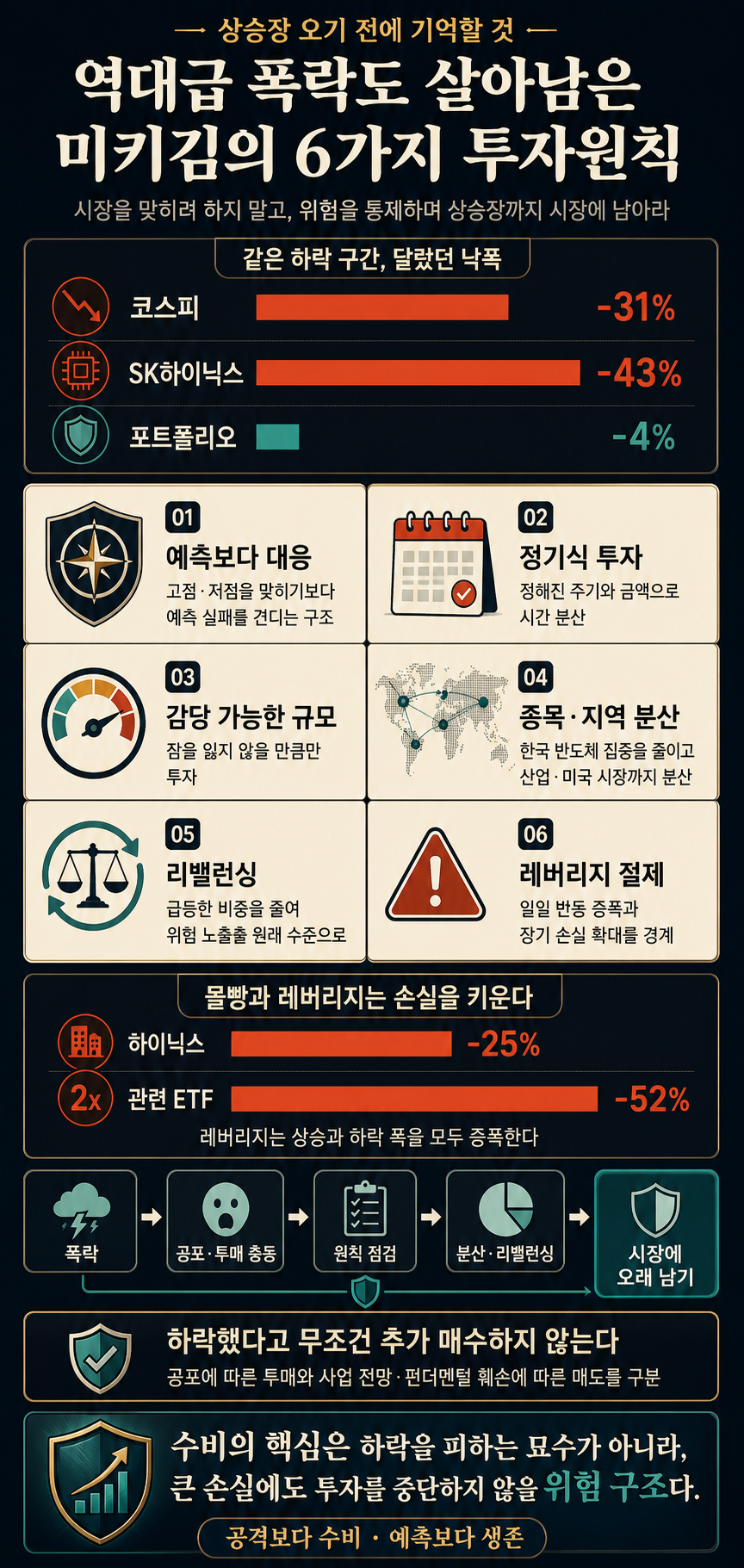 🦖 폭락도 살아남은 미키김의 6가지 투자원칙 (상승장 오기 전에 기억해두자!) 내용을 설명하는 본문 이미지