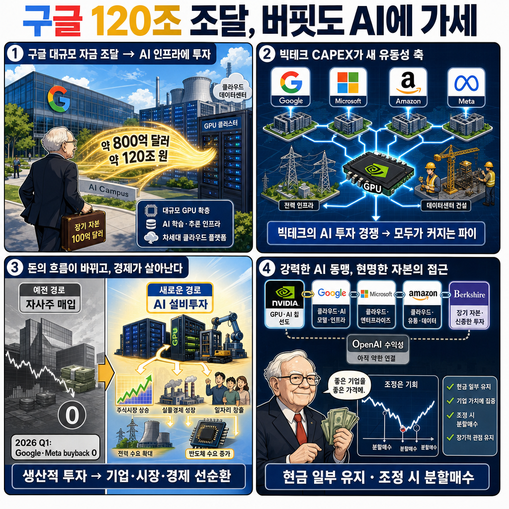 구글이 120조를 조달하고 버핏도 AI에 가세했습니다. AI 동맹이 강대해지니, 저는 기회를 봐서 조금 더 담으려고 합니다. 내용을 설명하는 본문 이미지