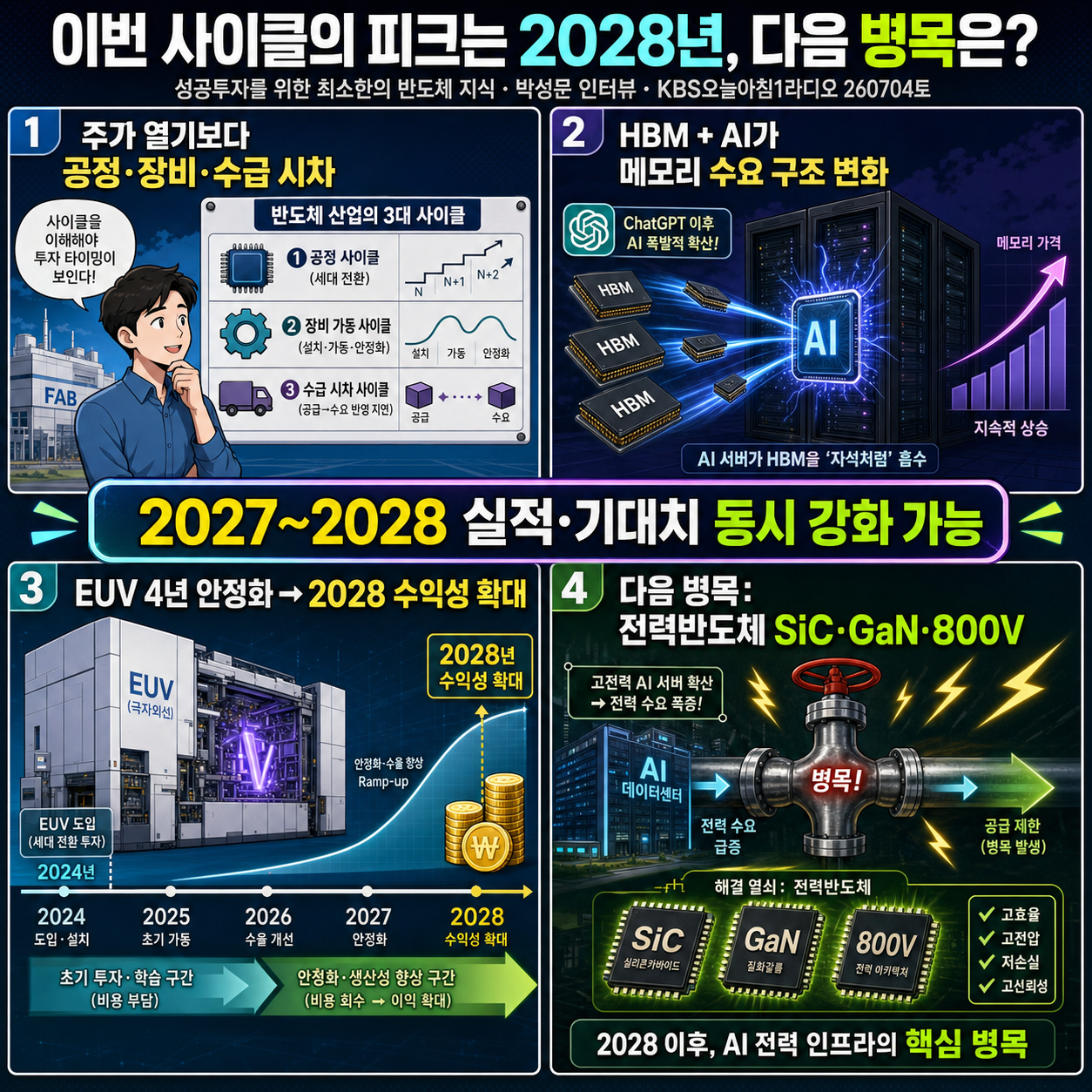이번 사이클의 피크는 2028년, 다음 병목은?_''성공투자를 위한 최소한의 반도체 지식'' 저자 박성문 인터뷰_KBS오늘아침1라디오_260704토 내용을 설명하는 본문 이미지