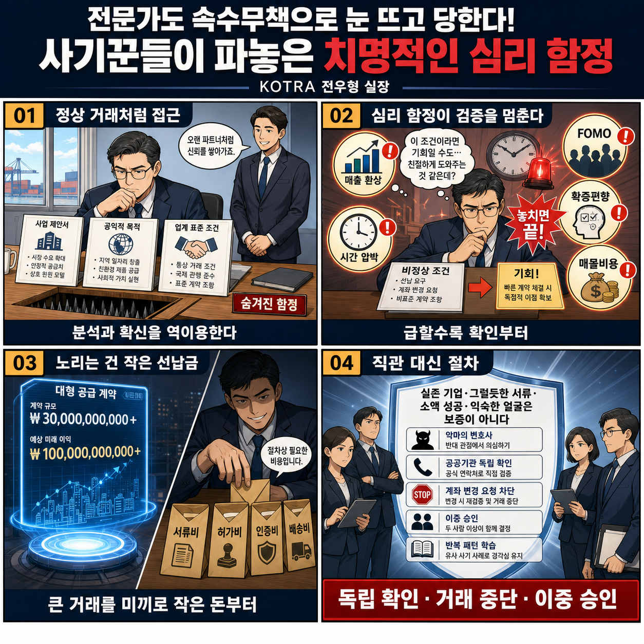 전문가도 속수무책으로 눈 뜨고 당한다! 사기꾼들이 파놓은 치명적인 심리 함정 (KOTRA 전우형 실장) 내용을 설명하는 본문 이미지