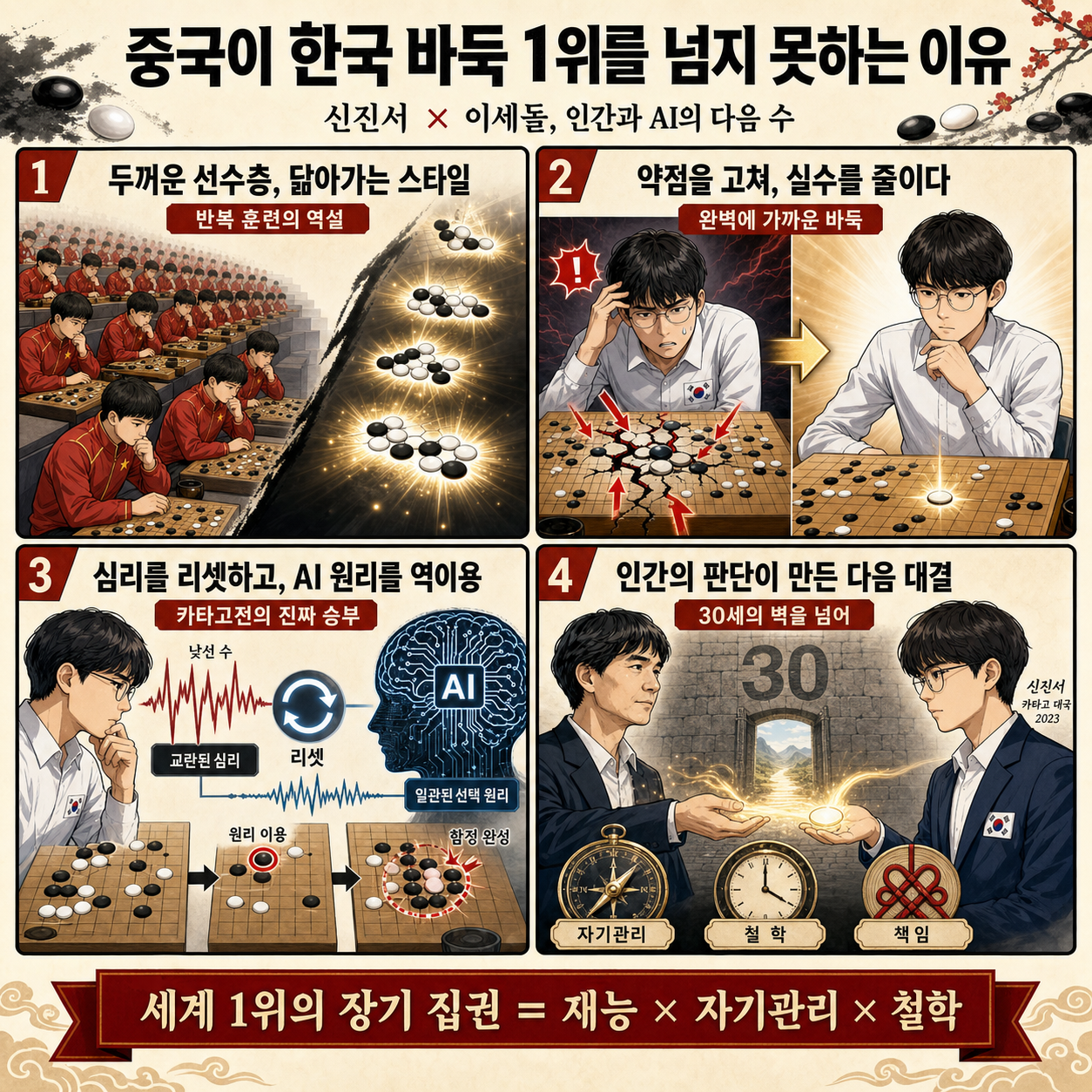 중국이 한국 바둑 1위를 넘지 못하는 이유ㅣ지식인초대석:합석 EP.13 (신진서 X 이세돌) 내용을 설명하는 본문 이미지