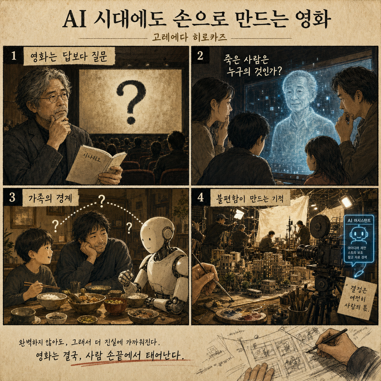 일본 영화의 거장 고레에다 히로카즈 감독이 AI 시대에도 수작업을 고수하는 이유ㅣ지식인초대석 EP.142 (고레에다 히로카즈 감독) 내용을 설명하는 본문 이미지