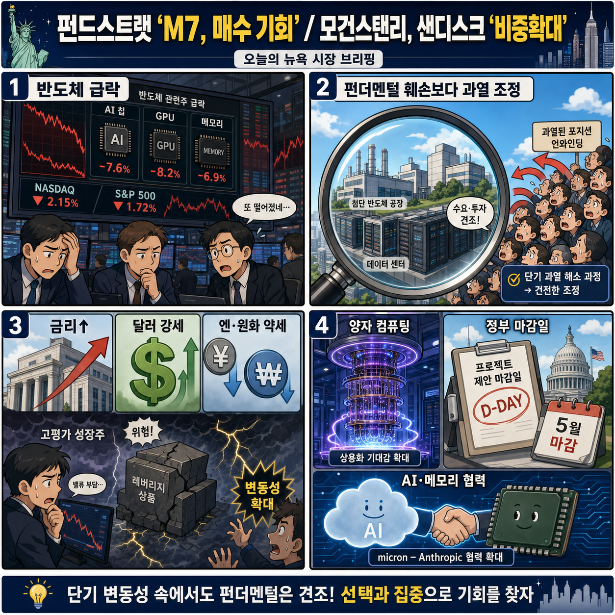 펀드스트랫 "M7, 매수 기회"ㅣ모건스탠리, 샌디스크 ''비중확대'' 의견ㅣ홍키자의 매일뉴욕 내용을 설명하는 본문 이미지