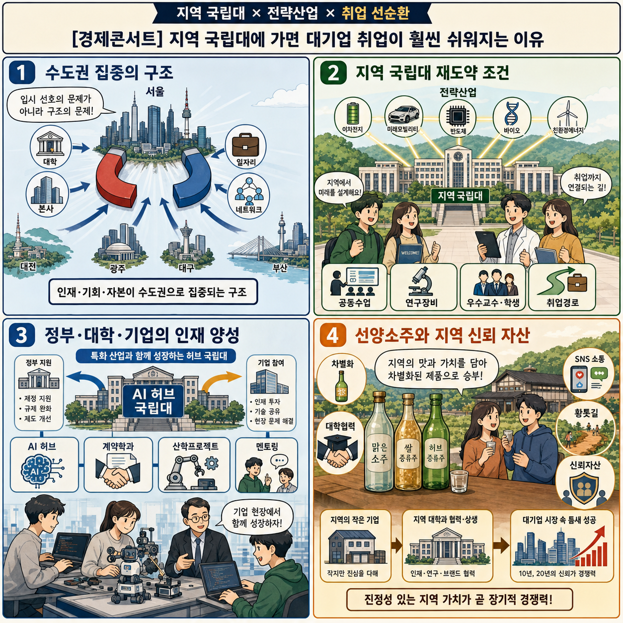 [경제콘서트] 지역 국립대에 가면 대기업 취업이 훨씬 쉬워지는 이유 - 선양소주 조웅래 회장, 연세대 김현철 교수 with 교육부 최은옥 차관 내용을 설명하는 본문 이미지