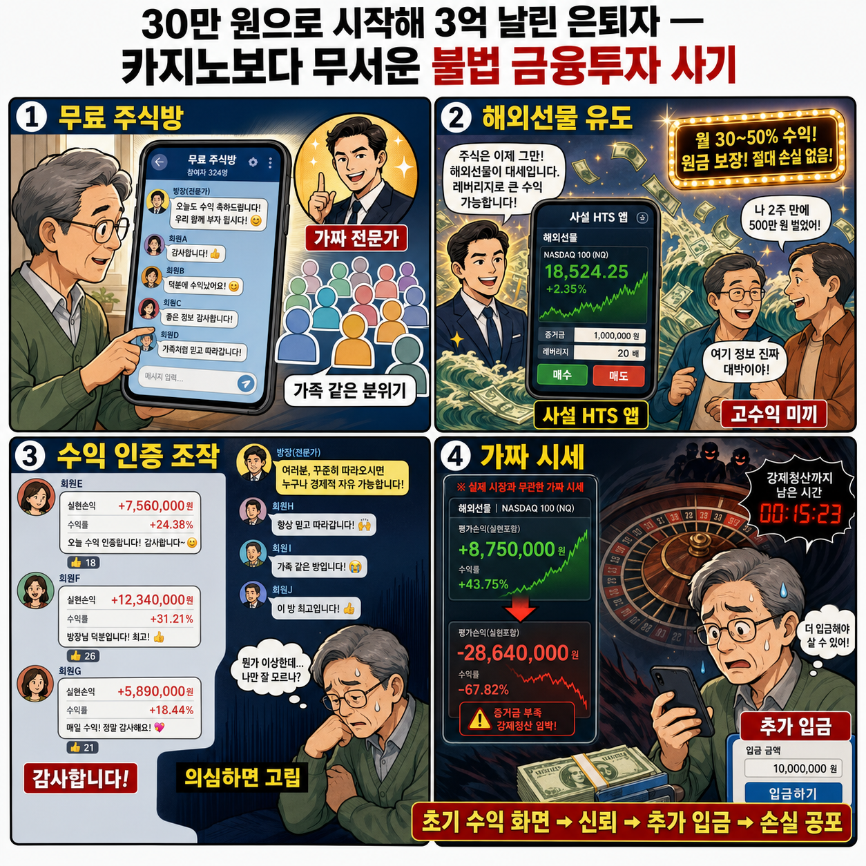 30만 원으로 시작해 3억 날린 은퇴자.. 카지노보다 무서운 불법 금융투자 사기의 돋는 악순환 내용을 설명하는 본문 이미지