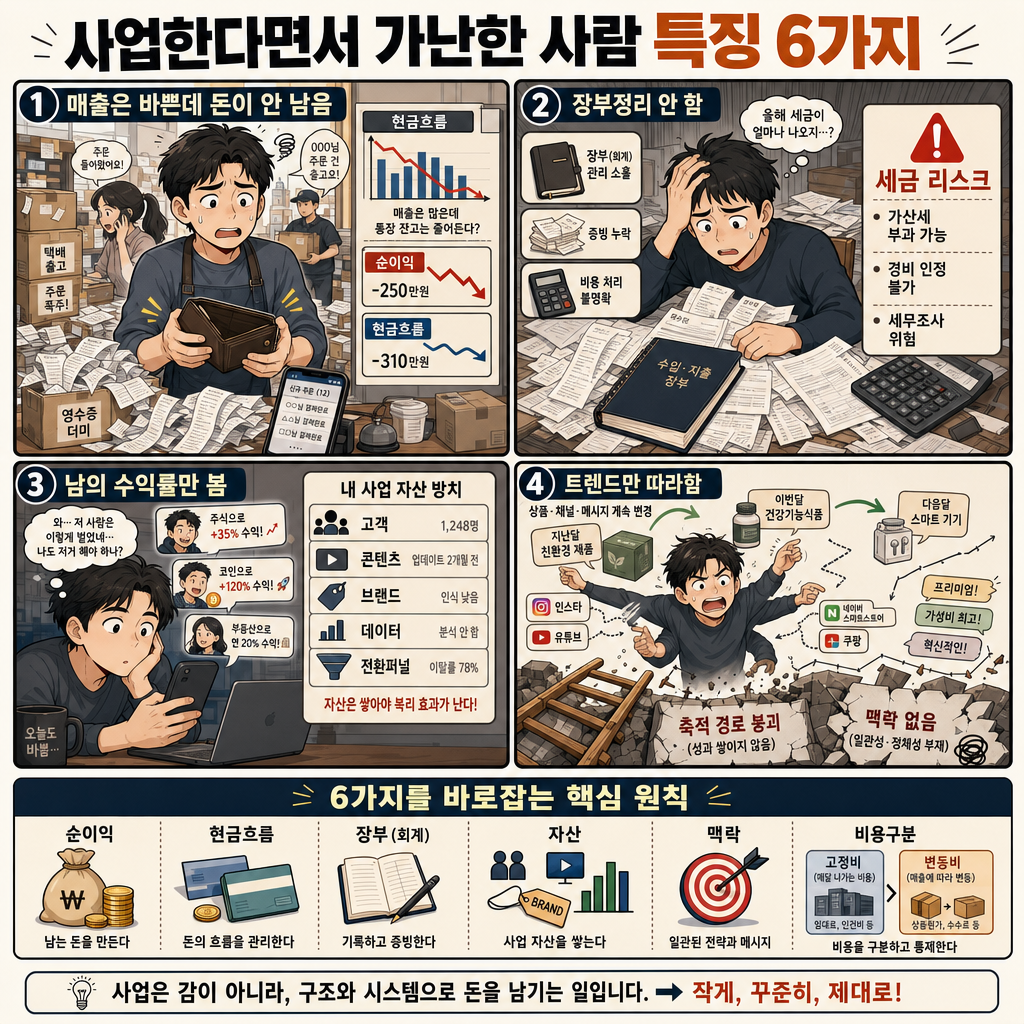 사업한다면서 가난한 사람 특징 6가지 내용을 설명하는 본문 이미지
