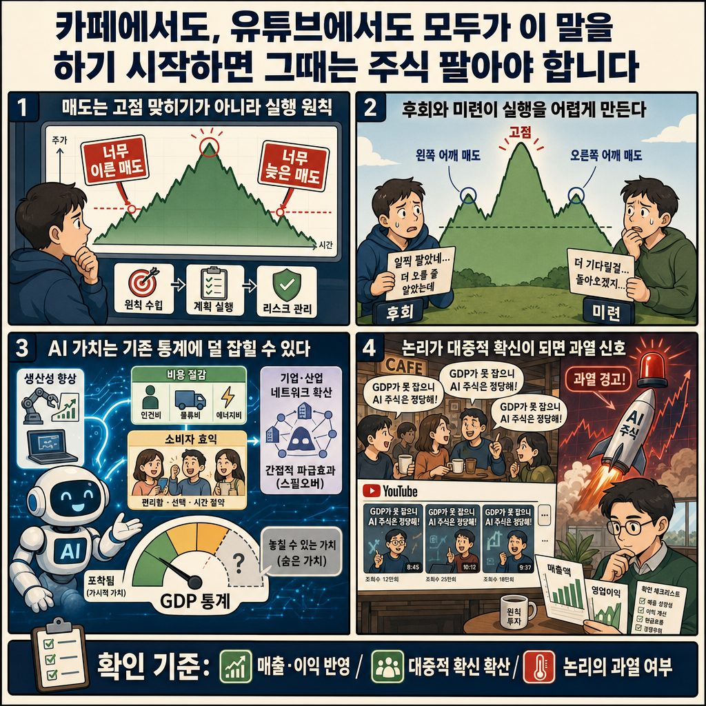 카페에서도, 유튜브에서도 모두가 이 말을 하기 시작하면 그때는 주식 팔아야 합니다 내용을 설명하는 본문 이미지