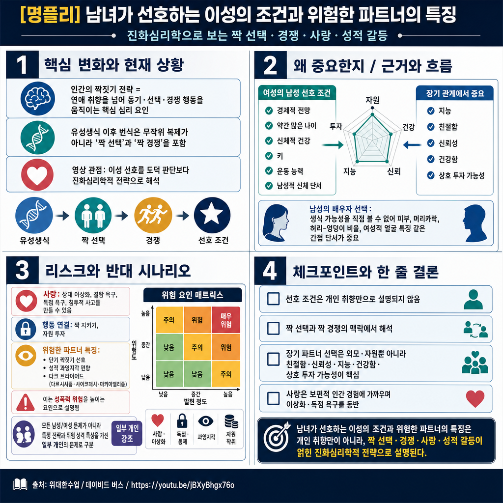 [명플리] 남녀가 선호하는 이성의 조건부터 위험한 파트너의 특징까지 내용을 설명하는 본문 이미지