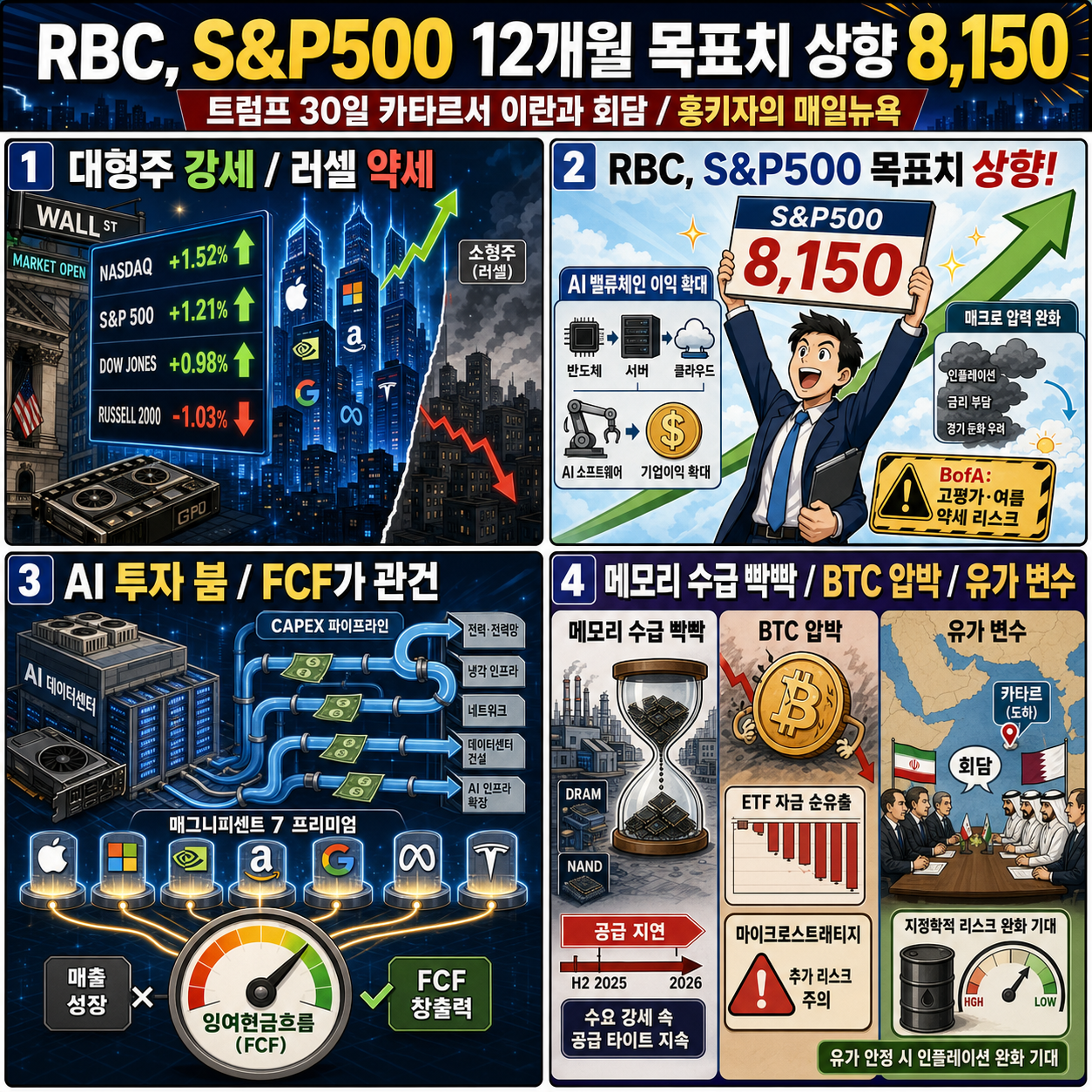 RBC, S&P500 12개월 목표치 상향 8,150ㅣ트럼프 "30일 카타르서 이란과 회담"ㅣ홍키자의 매일뉴욕 내용을 설명하는 본문 이미지