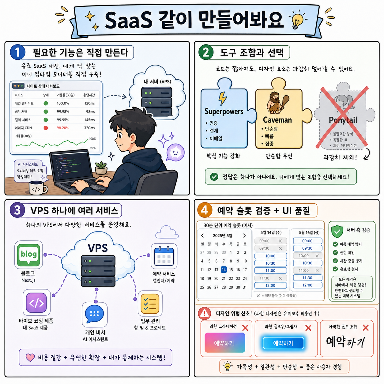 SaaS 같이 만들어봐요. Calendly나 Cal.com 직접 만들기 - 바이브코딩 2탄! 내용을 설명하는 본문 이미지