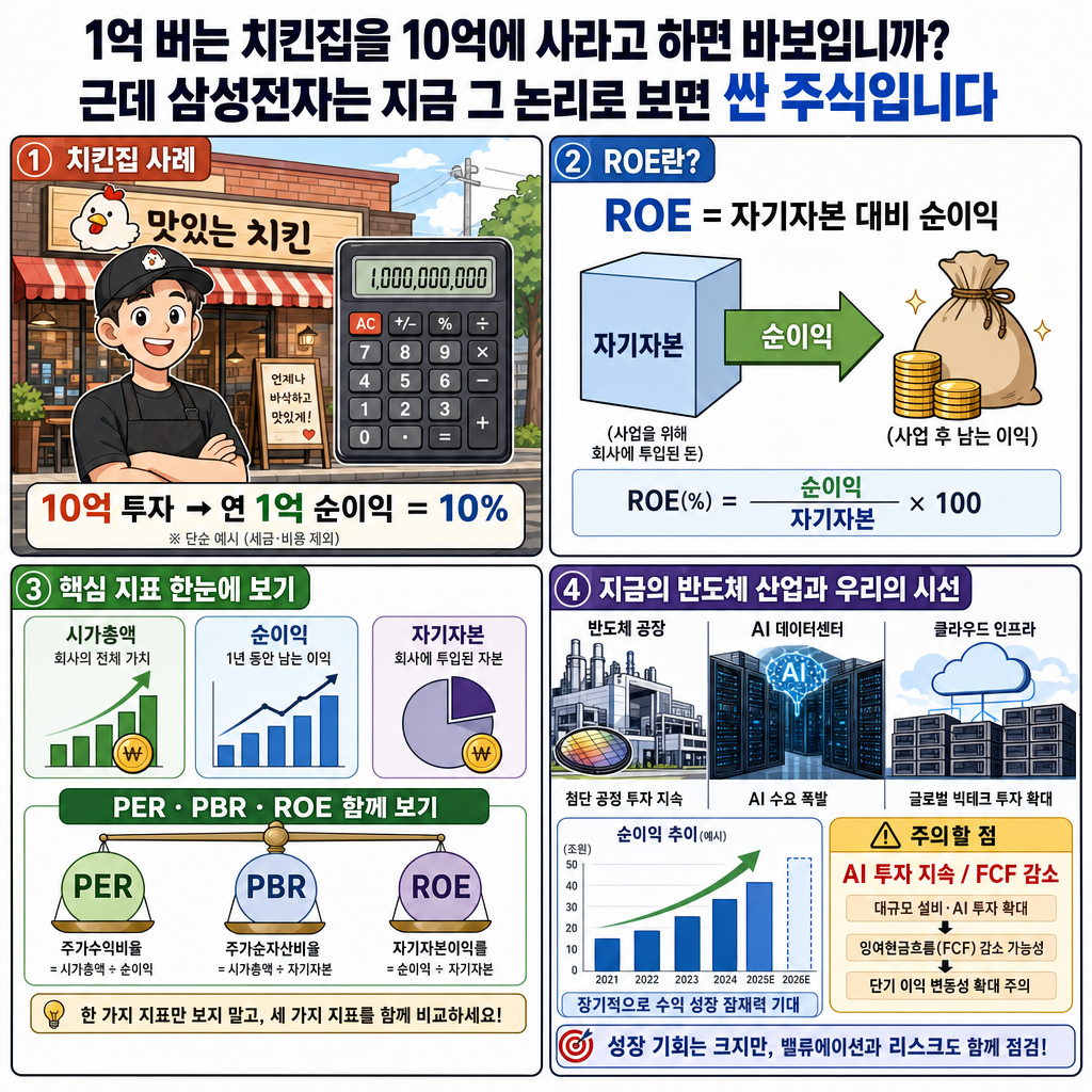 1억 버는 치킨집을 10억에 사라고 하면 바보입니까? 근데 삼성전자는 지금 그 논리로 보면 으로 싼 주식입니다 내용을 설명하는 본문 이미지