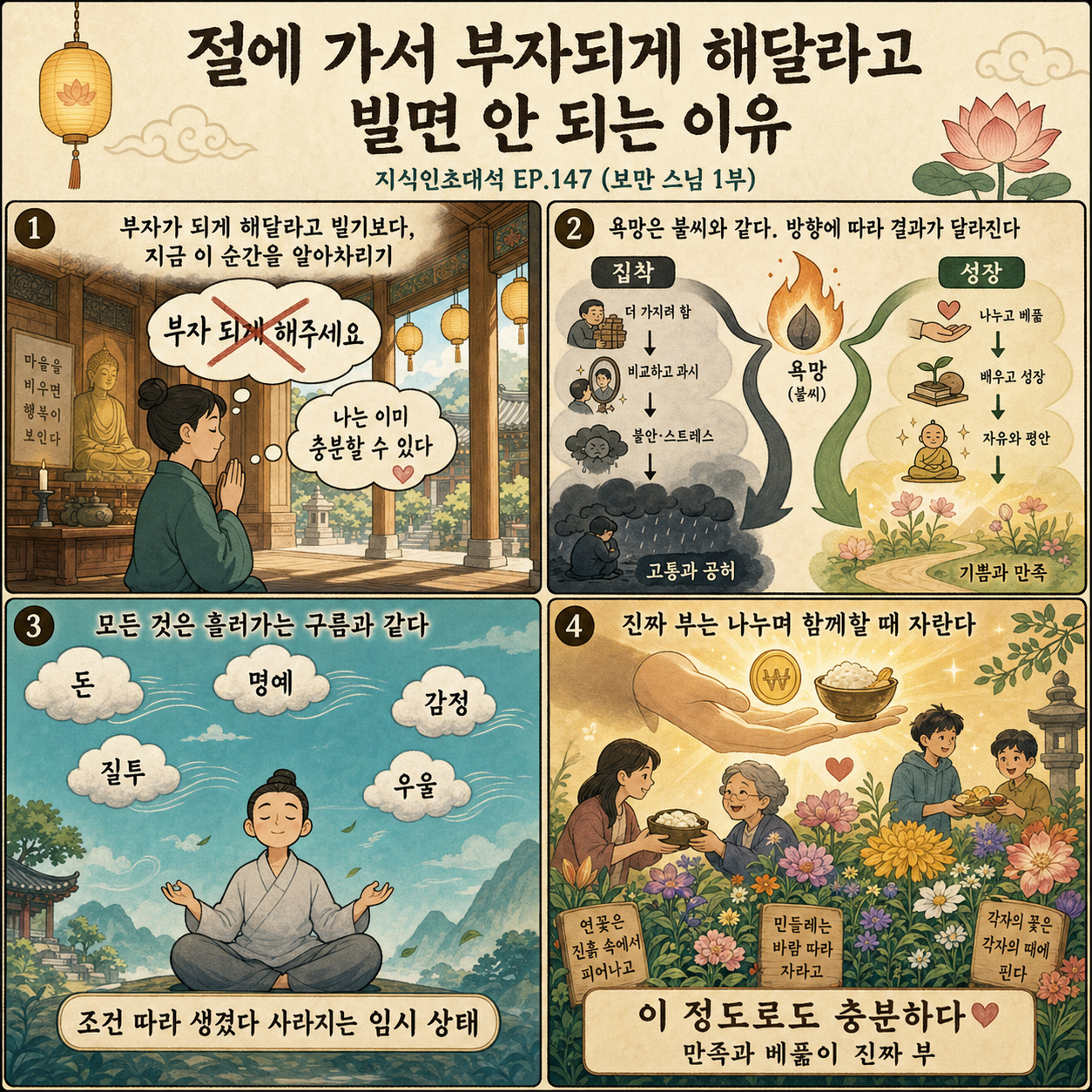 절에 가서 부자되게 해달라고 빌면 안 되는 이유ㅣ지식인초대석 EP.147 (보만 스님 1부) 내용을 설명하는 본문 이미지