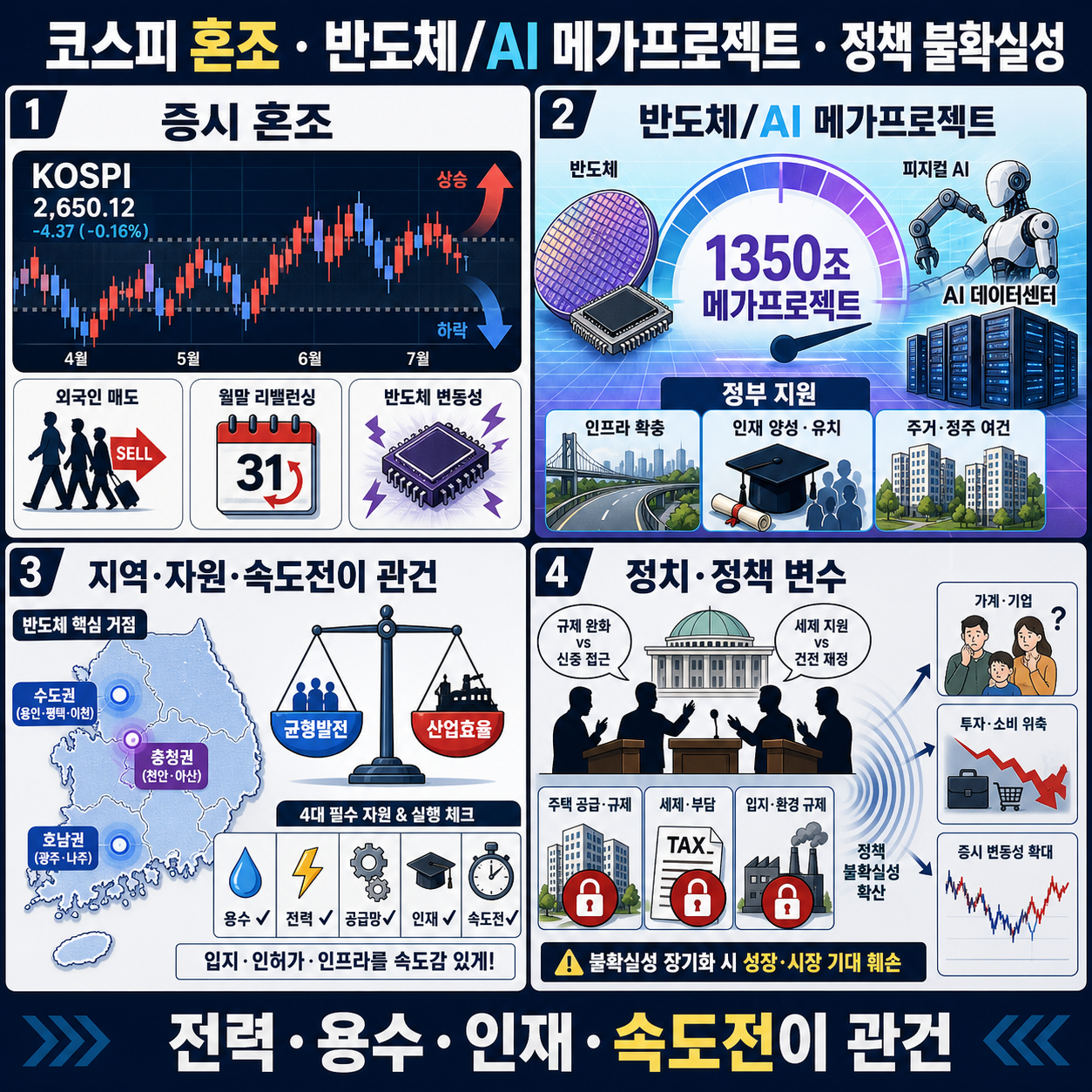 [풀영상]📍코스피, 美기술주 훈풍에도 혼조세📍반도체·AI에 1350조···메가프로젝트 구체적 내용은📍민주당 적통 논쟁｜KBS 260630 방송 내용을 설명하는 본문 이미지