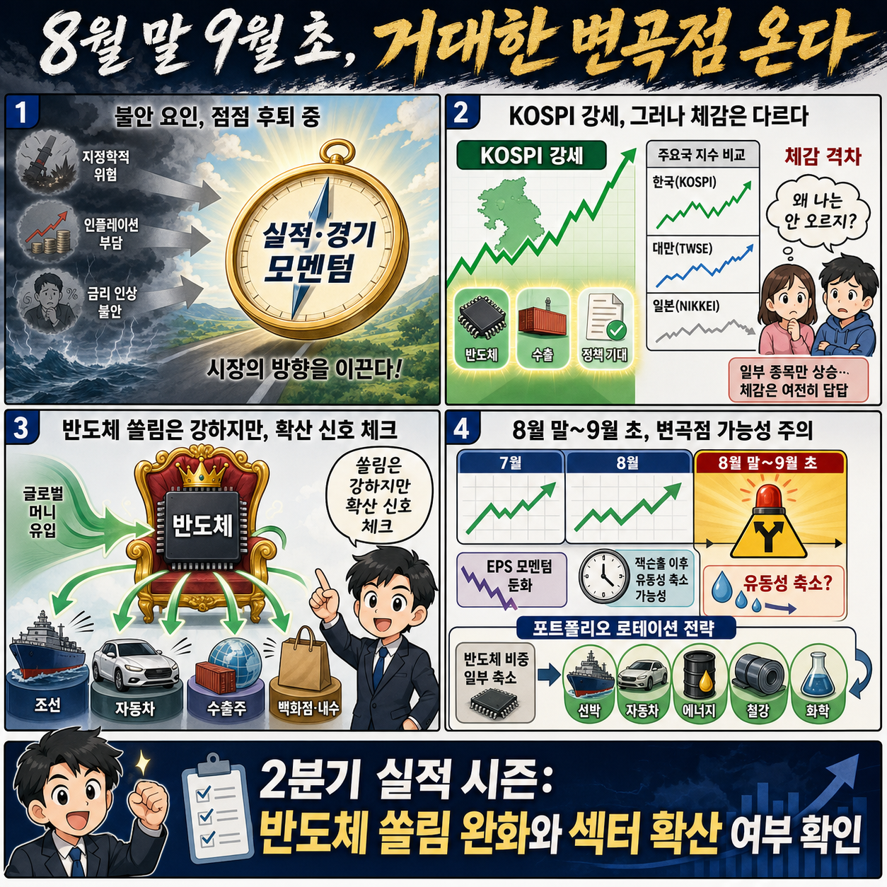 8월 말 9월 초, 거대한 변곡점 온다" 반도체 덜어내고 포트폴리오에 담아야 할 섹터는? #주식투자 #투자전략 #이경민 #반도체 #코스피 #매도타이밍 #매수타이밍 내용을 설명하는 본문 이미지