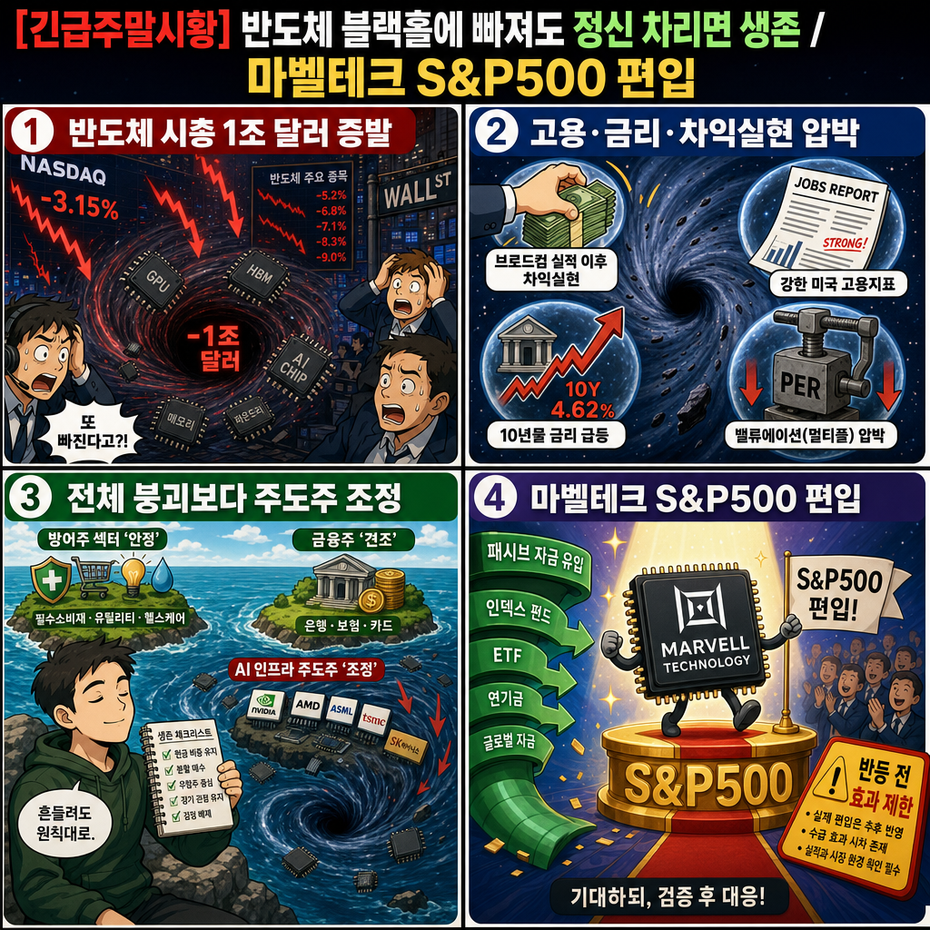 [긴급주말시황]반도체블랙홀에 빠져도 정신 차리면 생존/ 마벨테크 S&P500 편입 내용을 설명하는 본문 이미지