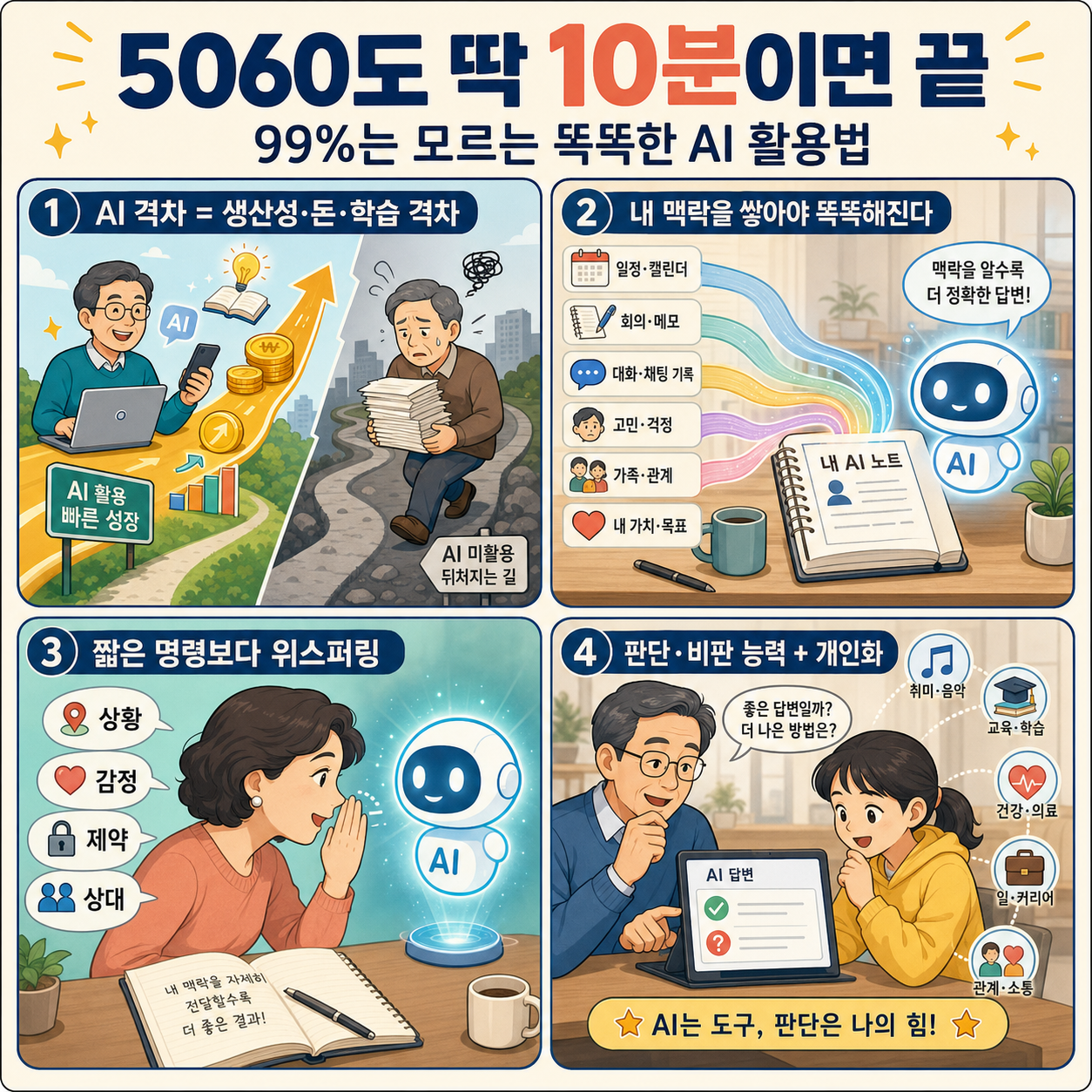 5060도 딱 10분이면 끝" 99%는 모르는 똑똑한 AI 활용법 내용을 설명하는 본문 이미지