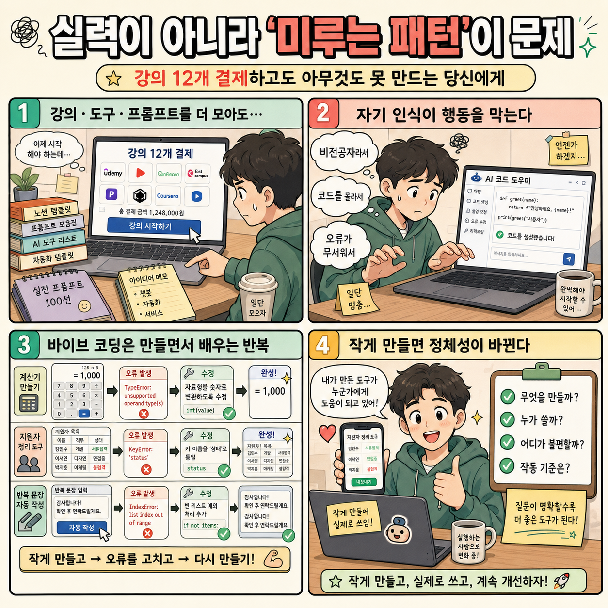 강의 12개 결제하고도 아무것도 못 만드는 당신에게 — 바이브 코딩을 방해하는 건 실력이 아닙니다 내용을 설명하는 본문 이미지