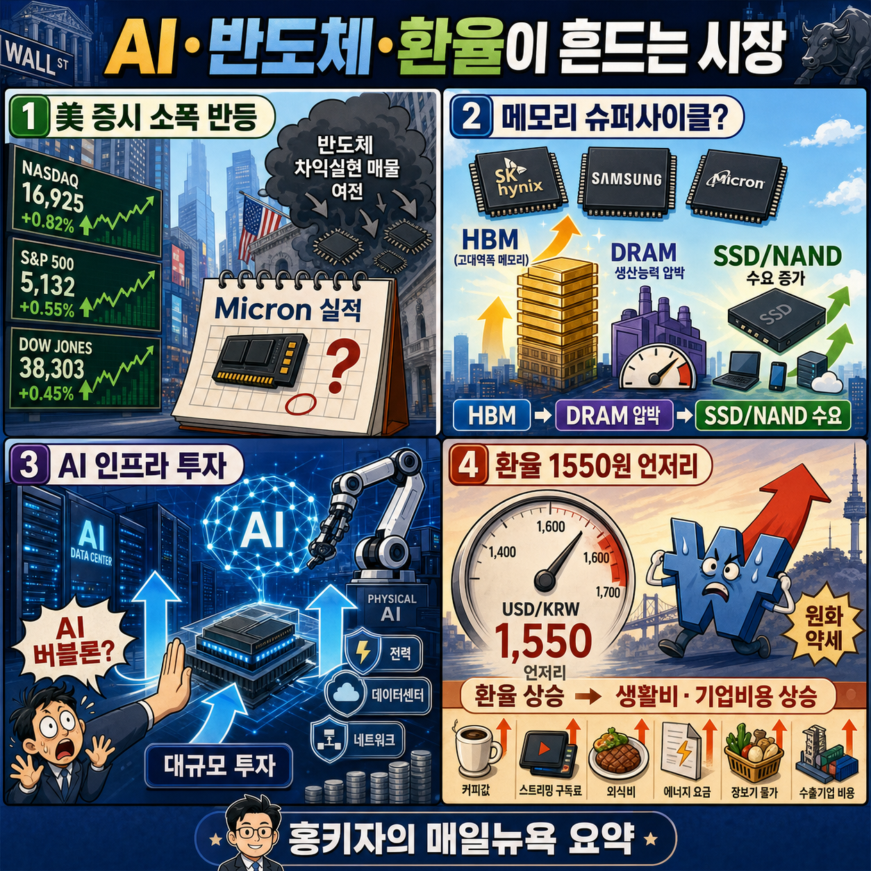 SK하이닉스 7월에 나스닥 상장 확정ㅣ원·달러환율 1550원 언저리까지 상승ㅣ메타, 보급형 스마트글래스 공개ㅣ홍키자의 매일뉴욕 내용을 설명하는 본문 이미지