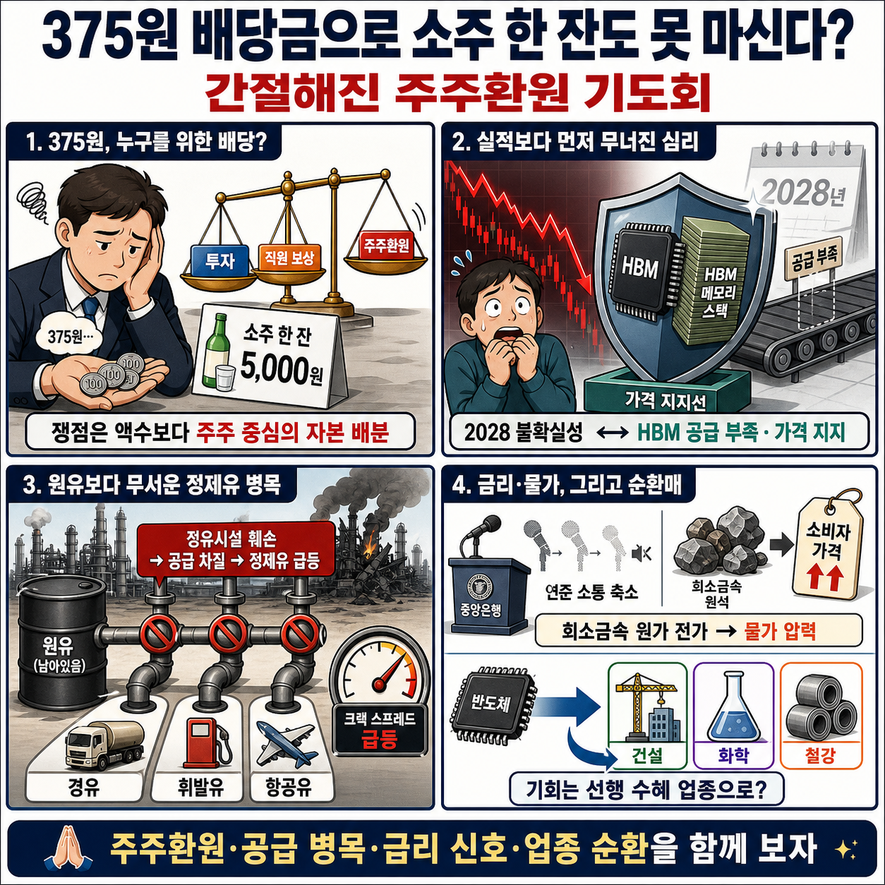 375원 배당금으로 소주 한 잔도 못 마신다? 간절해진 주주환원 기도회 내용을 설명하는 본문 이미지