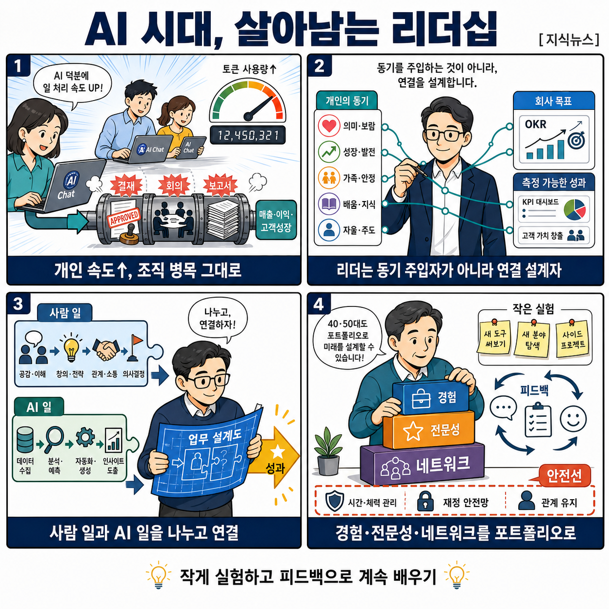 [지식뉴스] "이런 리더의 절반은 필요 없어집니다" 토큰 사용량 급증하는데, AI생산성은 왜 안 나올까? 40·50대가 직장에서 생존하는 법 (f.신수정 대표) / 교양이를 부탁해 내용을 설명하는 본문 이미지