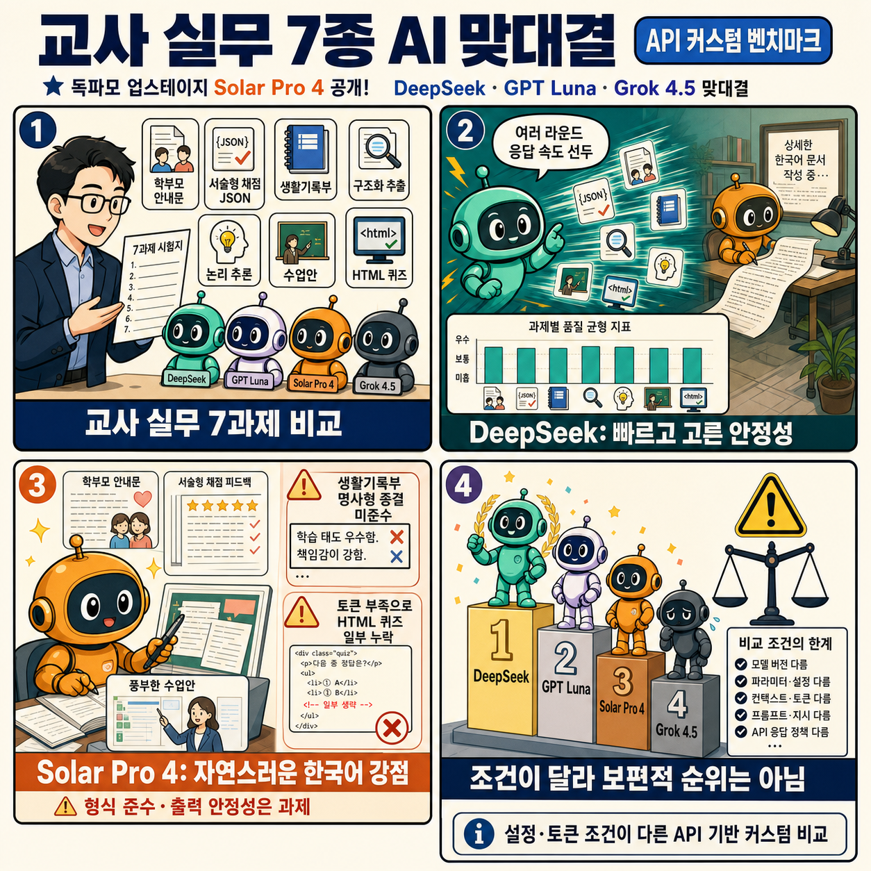 독파모 업스테이지 Solar Pro 4 공개! DeepSeek / GPT Luna / Grok 4.5 맞대결 결과는? 내용을 설명하는 본문 이미지