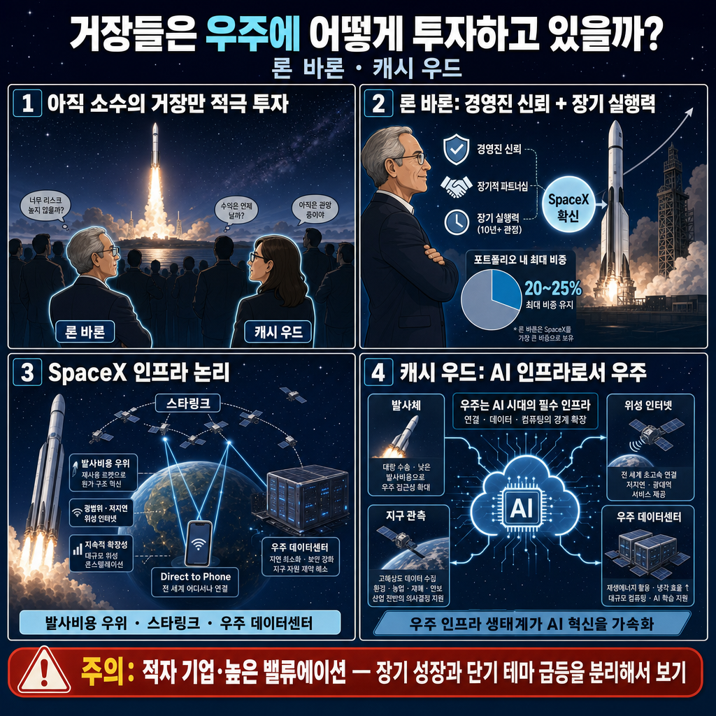 거장들은 우주에 어떻게 투자하고 있을까? (론 바론, 캐시 우드) 내용을 설명하는 본문 이미지