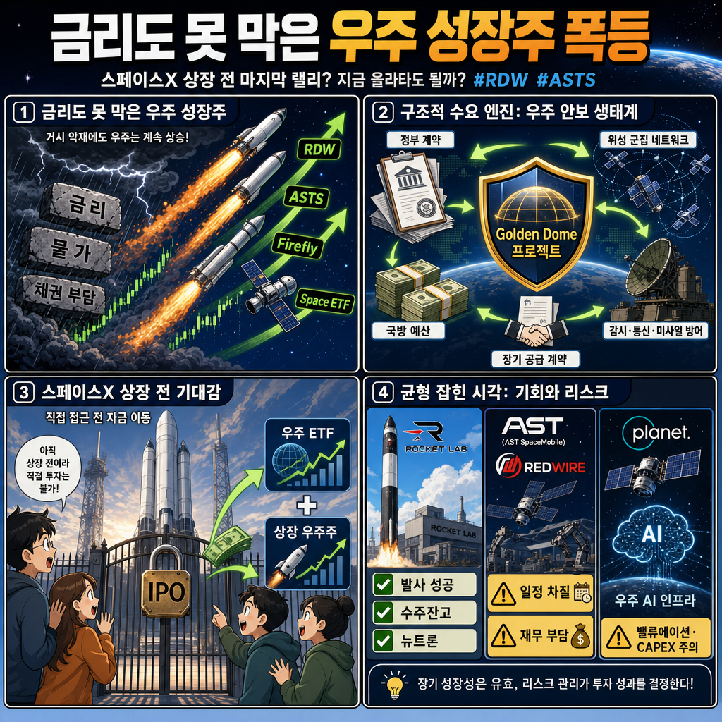 금리도 못 막은 우주 성장주 폭등" 스페이스X 상장 전 마지막 랠리? 지금 올라타도 될까? #rdw #asts 내용을 설명하는 본문 이미지