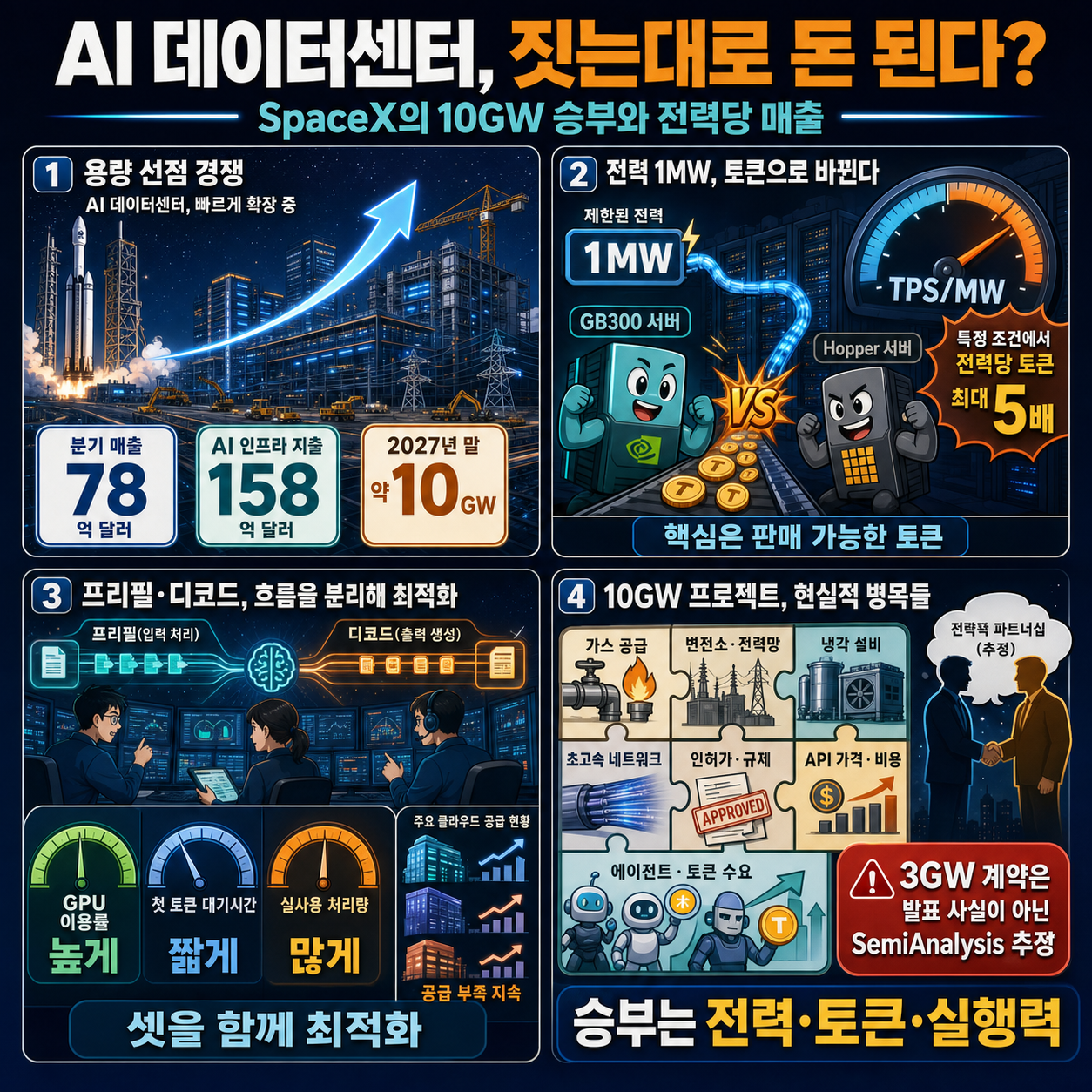 AI 데이터센터, 짓는대로 돈 된다…SpaceX가 서둘러 10GW 데이터센터 건설 하는 이유! Microsoft가 고객? SemiAnalysis 전력 당 매출 분석 내용을 설명하는 본문 이미지