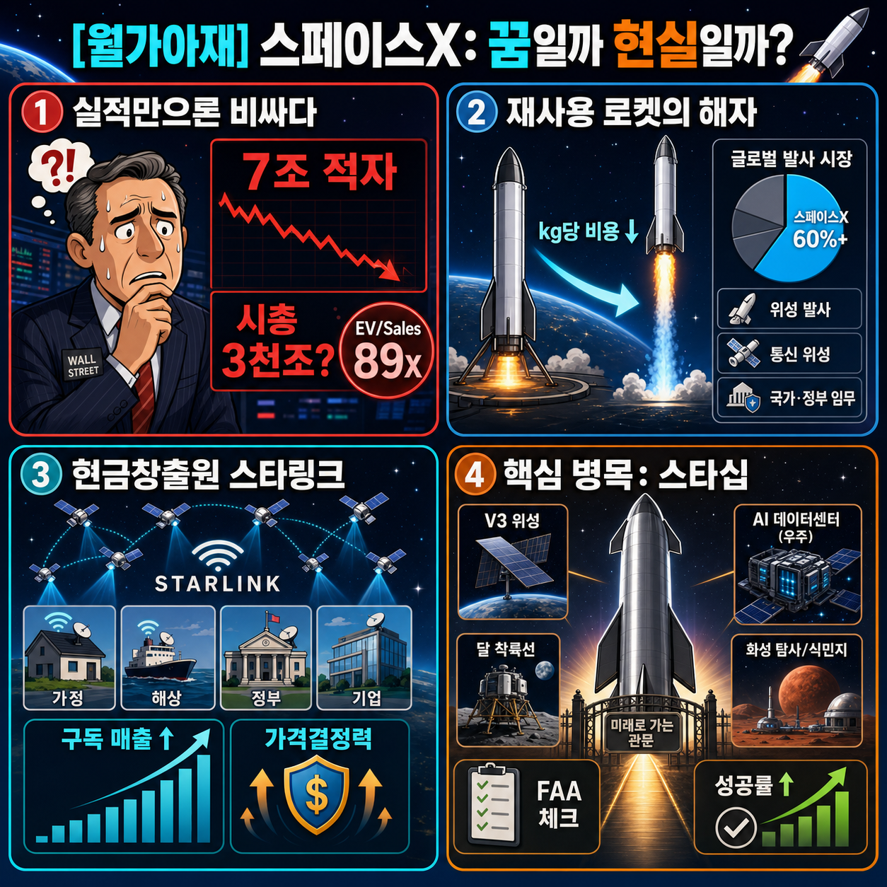 [월가아재] 7조 적자, 그런데 시총은 3천조? 스페이스X는 꿈일까 현실일까? 내용을 설명하는 본문 이미지