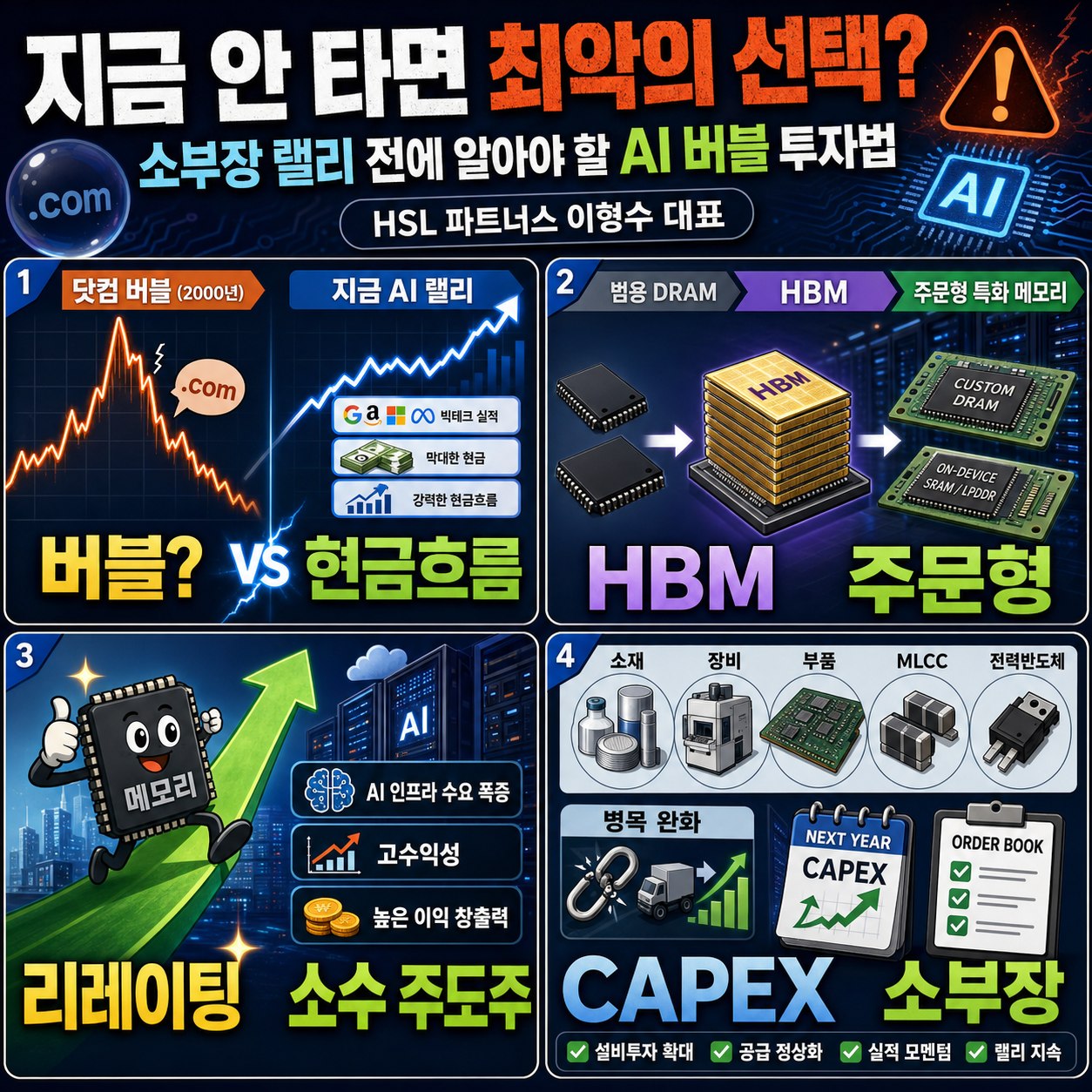 지금 안 타면 최악의 선택?" 소부장 랠리 전에 알아야 할 AI 버블 투자법 (HSL 파트너스 이형수 대표) 내용을 설명하는 본문 이미지