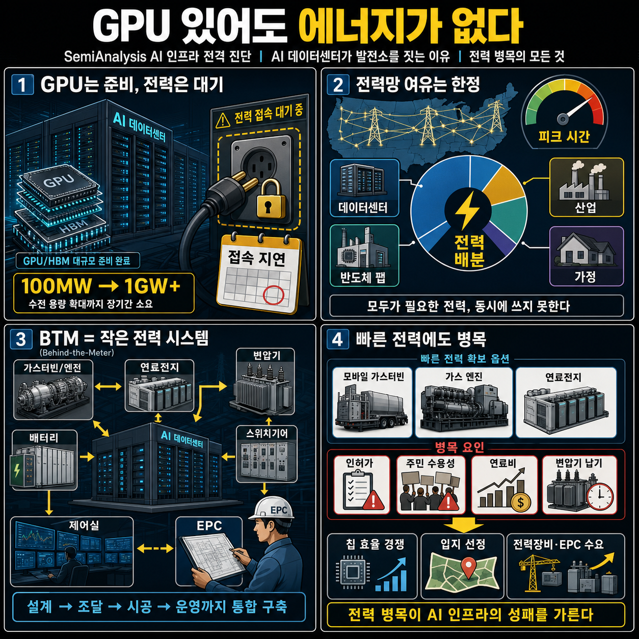 GPU 있어도 에너지가 없다... SemiAnalysis AI 인프라 전격 진단 내용을 설명하는 본문 이미지