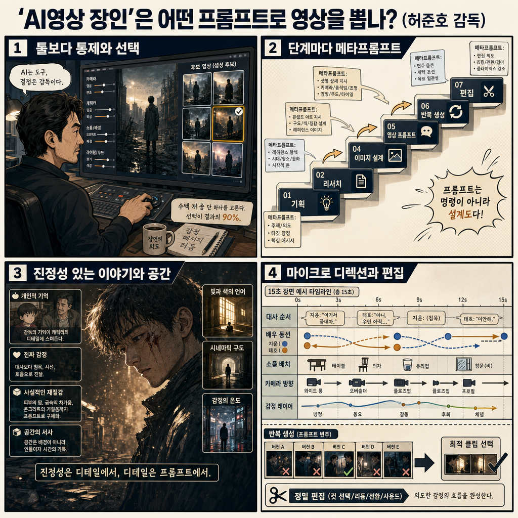 AI영상 장인''은 어떤 프롬프트로 영상을 뽑나? (허준호 감독) 내용을 설명하는 본문 이미지