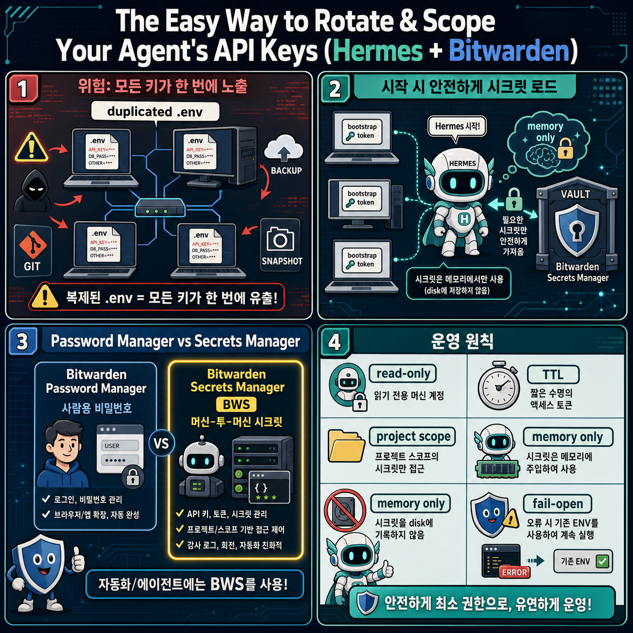 The Easy Way to Rotate & Scope Your Agent''s API Keys (Hermes + Bitwarden) 내용을 설명하는 본문 이미지