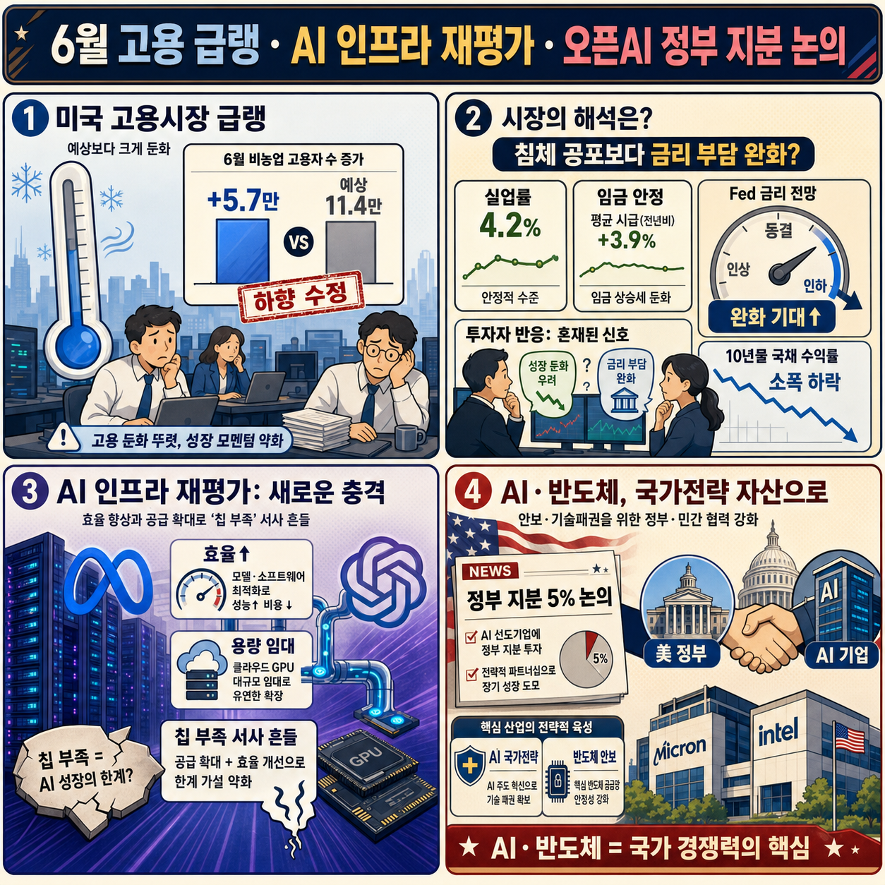 6월 고용 급랭, 예상치 5만7천명 하회ㅣ오픈AI, 미국 정부에 지분 5% 양도 논의ㅣ홍키자의 매일뉴욕 내용을 설명하는 본문 이미지