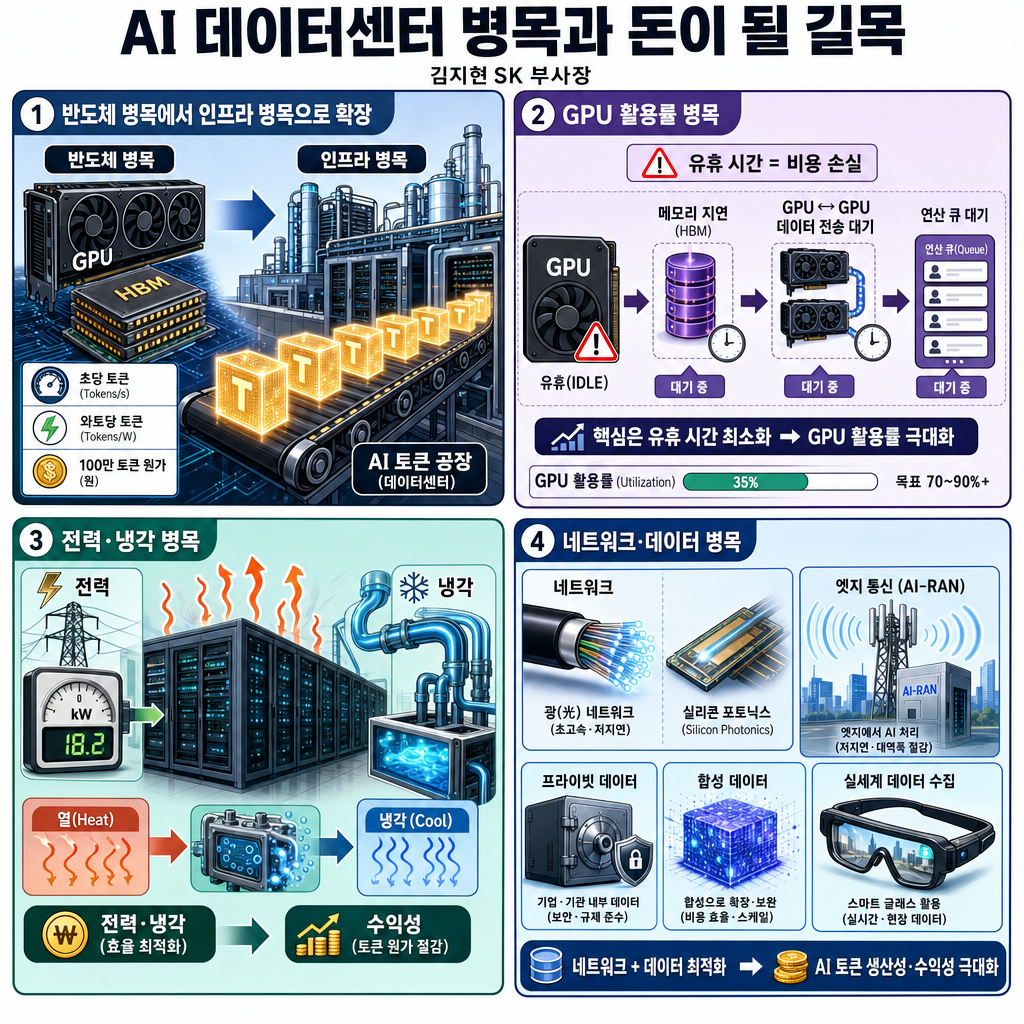 AI 데이터센터 병목과 돈이 될 길목, 한눈에 정리 (김지현 SK 부사장) 내용을 설명하는 본문 이미지