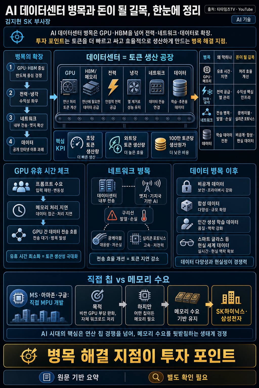 AI 데이터센터 병목과 돈이 될 길목, 한눈에 정리 (김지현 SK 부사장) 내용을 설명하는 본문 이미지